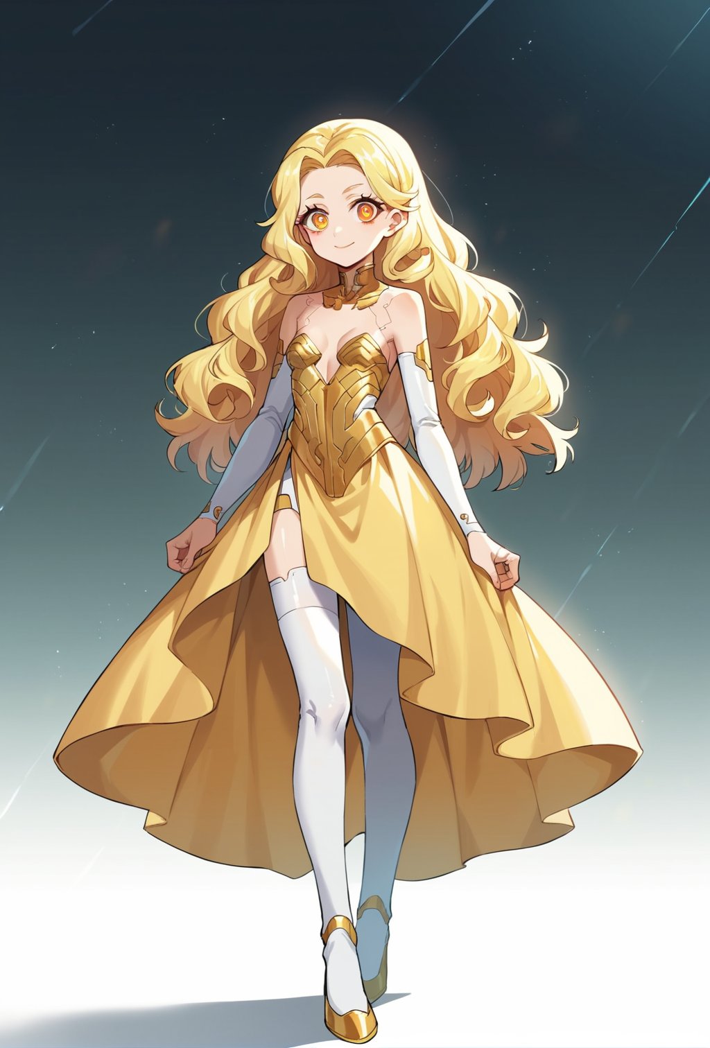 score_9, score_8_up, score_7_up, score_6_up, Takeda hiramitsu style,cyberpunk style,1girl,young female,young adult, very young,blonde hair, curly hair,regal, relaxed shoulders,white clothes, ethereal glow,solo, gold dress, white armored stockings, golden high heels, cleavage, indoor, open eyes, long hair,small breasts, side boobs, gentle smile,cowboy shot, gold bionic eyes