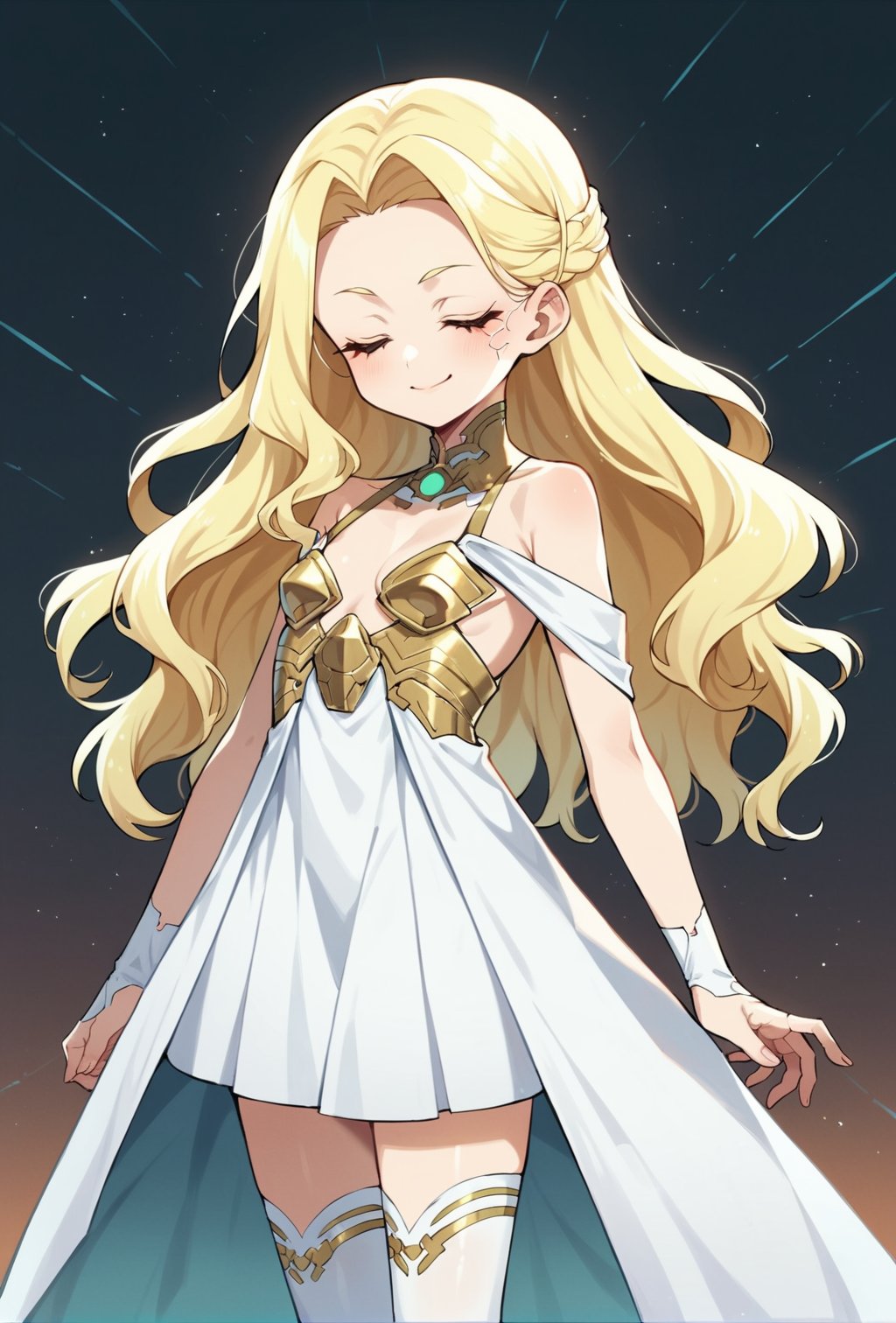 score_9, score_8_up, score_7_up, score_6_up, Takeda hiramitsu style,cyberpunk style,1girl,young female,young adult, very young,blonde hair, curly hair,regal, relaxed shoulders,white clothes, ethereal glow,solo, gold dress, white armored stockings, golden high heels, cleavage, indoor, closed eyes, long hair,small breasts, side boobs, gentle smile, standi