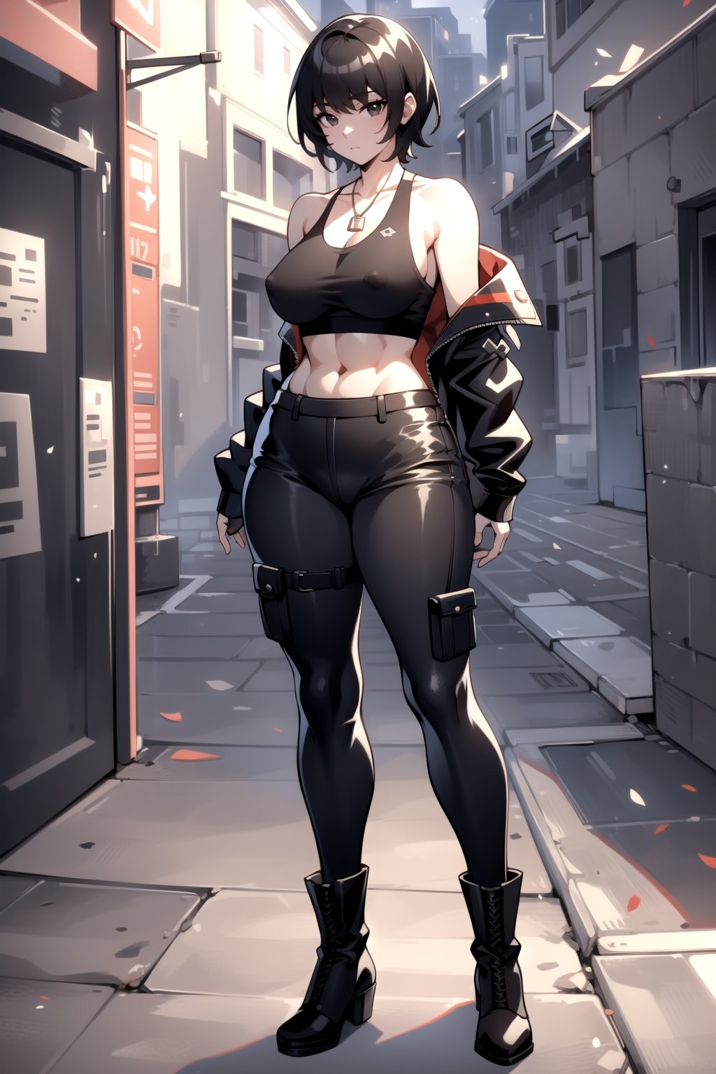 1girl, fullbody, mature female, milf, curvy, large breasts,abs, voloptuous, tall, full body shot, black hair, cyberpunk style, covered erect nipples,komi shuuko,black eyes, short hair, standing, military style clothing, tank top, brown cargo pants, cammo pattern, military boots, fingerless gloves, skindentation, black leather jacket, dog tags