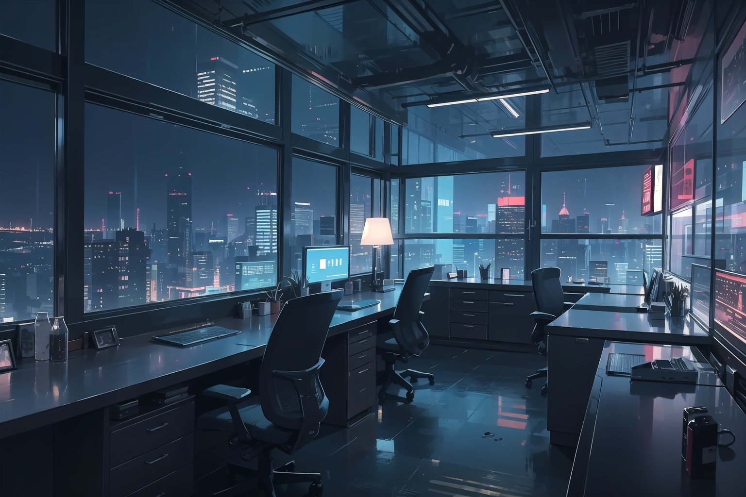 highly detailed, cozy low lights, night charming, night ambience,opulent large office, window glass wall, luxury chairman presidential room, cyberpunk city at night background, ultra detailed office, very chic, futuristic office