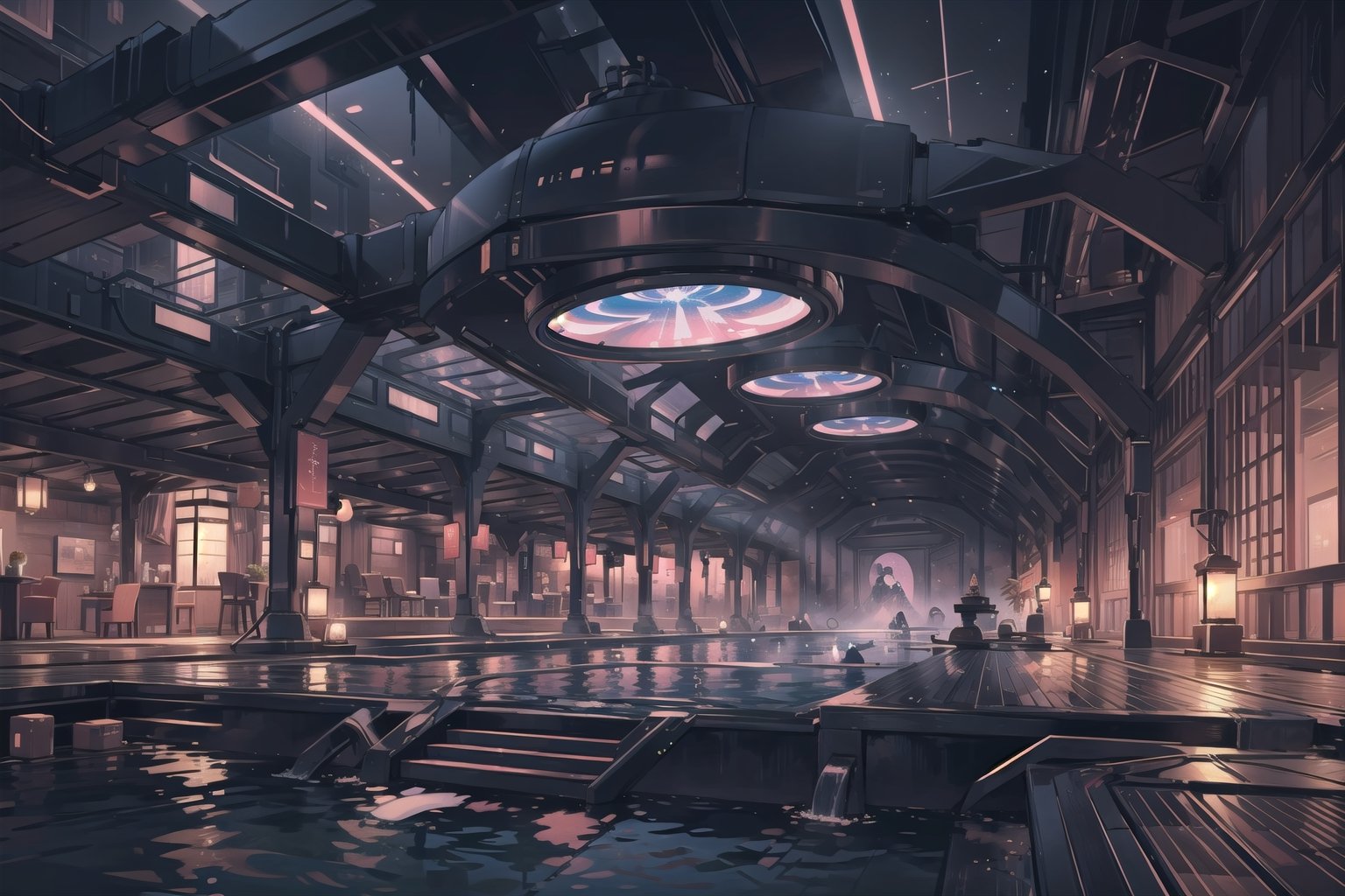 Create a digital illustration featuring a luxurious and desserted onsen of futuristic style, with a hologram projector that has the shape of a large tube in a corner, with black walls and no windows.