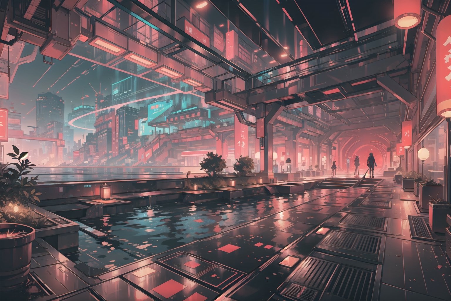 Create a digital illustration featuring a luxurious onsen of futuristic style, with a hologram projector that has the shape of a large tube in a corner, with bright red lights and a gorgeous view of a cyberpunk city.
