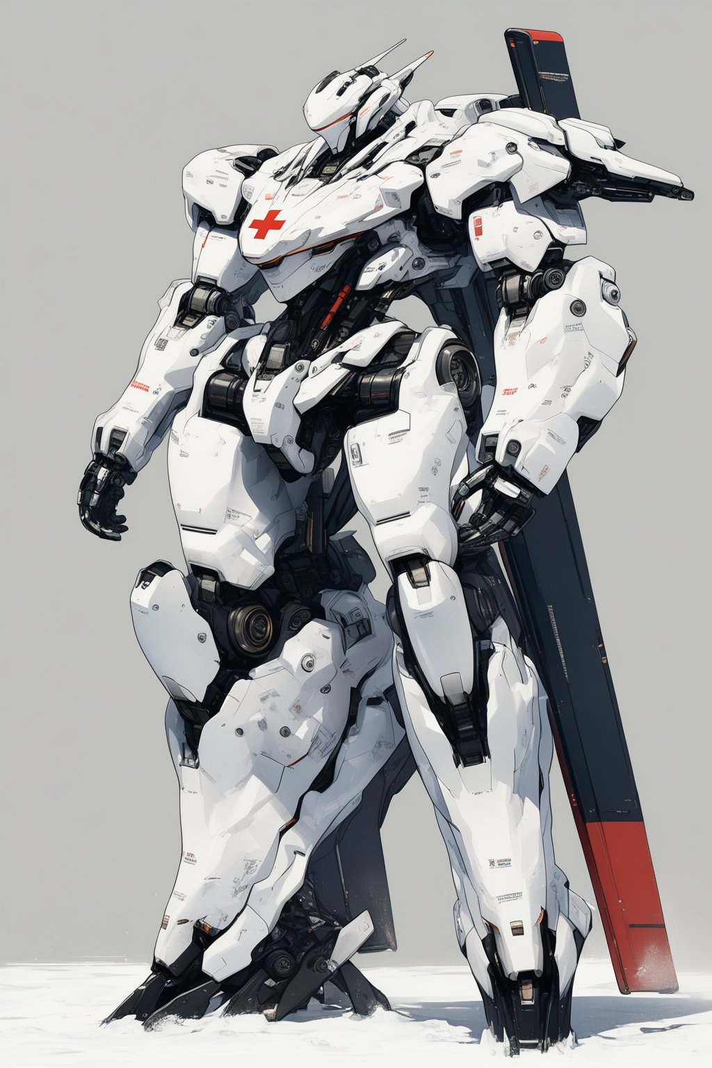 robot, rough, no humans, science fiction, simple background, solo, standing, full body, looking ahead, masterpiece, best quality,white mech, white paint, red cross, free hands,slim design