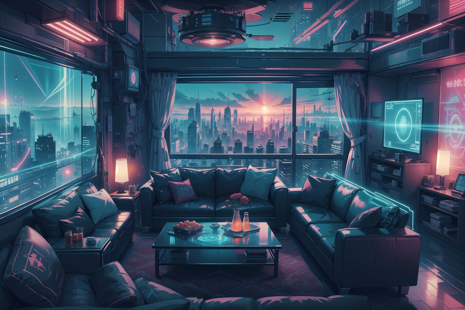 Create a digital illustration featuring a large luxurious hotel room of futuristic style with a big hologram projector that has the shape of a large tube in a corner, a big bed and small living room, with bright red lights and a gorgeous view of a cyberpunk city,Interior ,CyberpunkWorld