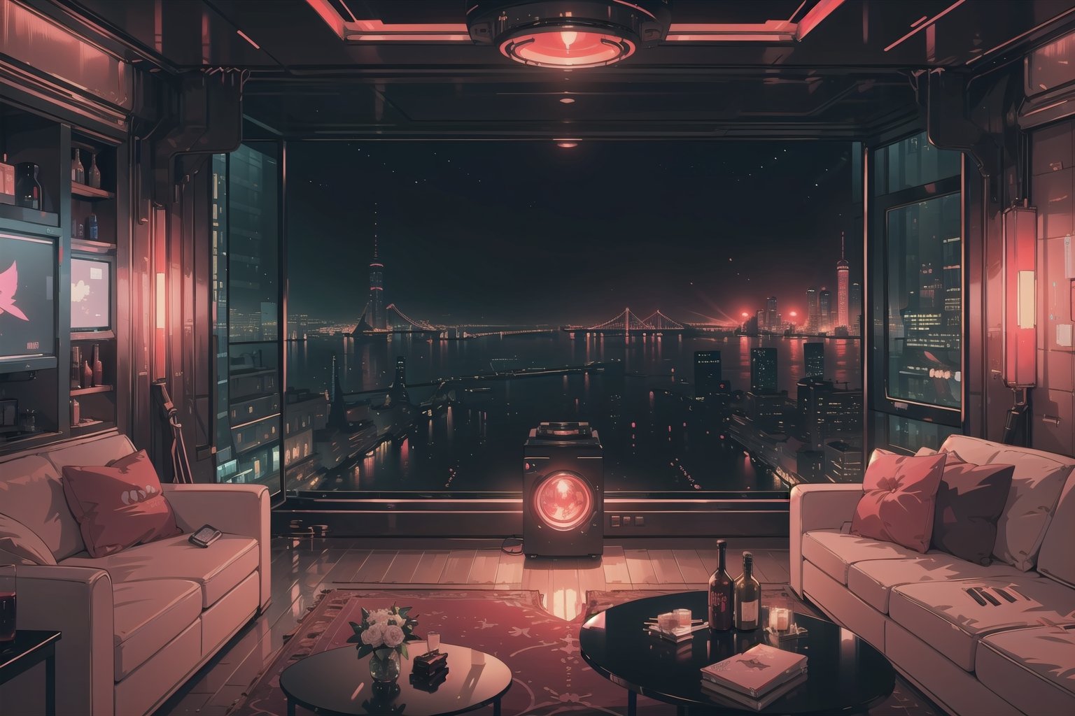Create a digital illustration of a large luxury hotel room that is prim and proper, of a clean cyberpunk style with black walls and roof, with hologram projector that has the shape of a large tube in a corner and a big bed, with bright red lights, with a small living room, and a gorgeous view of a cyberpunk city during the night. 