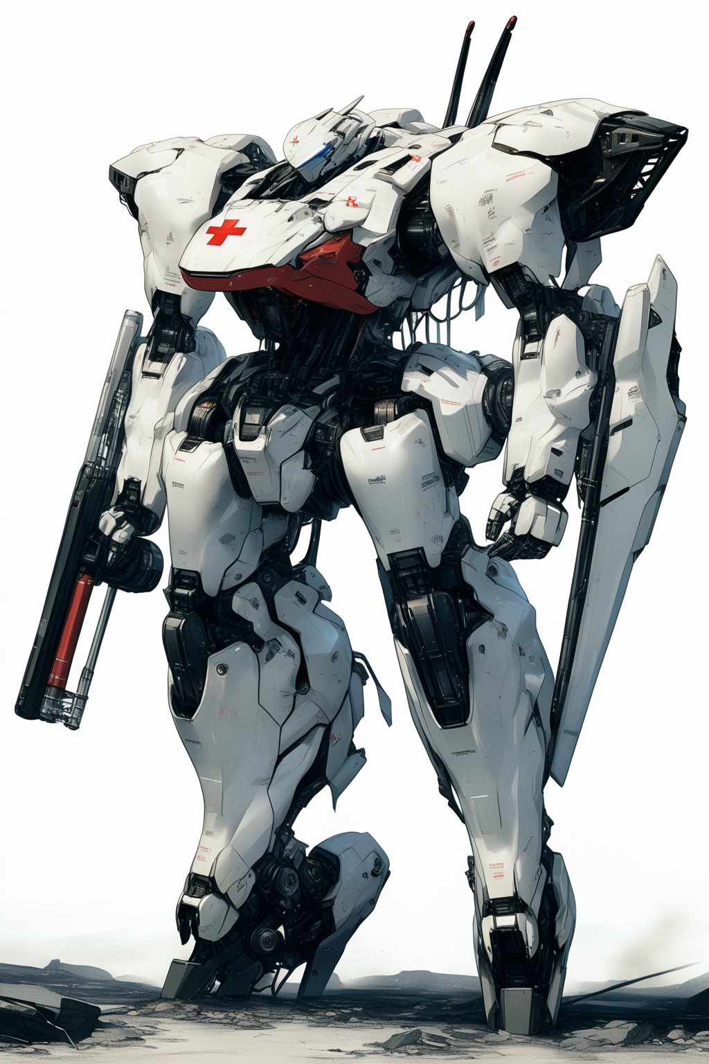 robot, rough, no humans, science fiction, simple background, solo, standing, full body, looking ahead, damaged, masterpiece, best quality,white mech, white paint, red cross