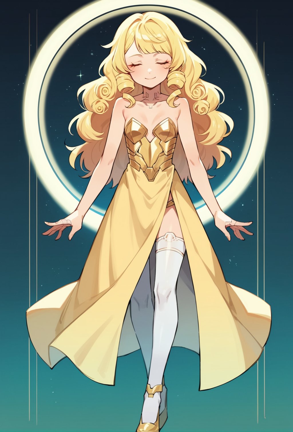 score_9, score_8_up, score_7_up, score_6_up, Takeda hiramitsu style,cyberpunk style,1girl,young female,young adult, very young,blonde hair, curly hair,regal, relaxed shoulders,white clothes, ethereal glow,solo, gold dress, white armored stockings, golden high heels, cleavage, indoor, closed eyes, long hair,small breasts, side boobs, gentle smile, standi