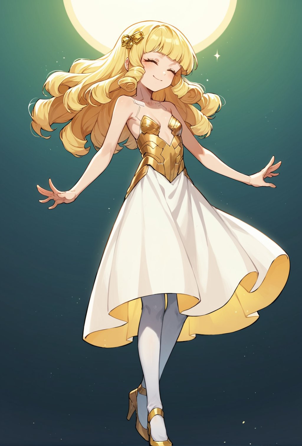 score_9, score_8_up, score_7_up, score_6_up, Takeda hiramitsu style,cyberpunk style,1girl,young female,young adult, very young,blonde hair, curly hair,regal, relaxed shoulders,white clothes, ethereal glow,solo, gold dress, white armored stockings, golden high heels, cleavage, indoor, closed eyes, long hair,small breasts, side boobs, gentle smile, standi