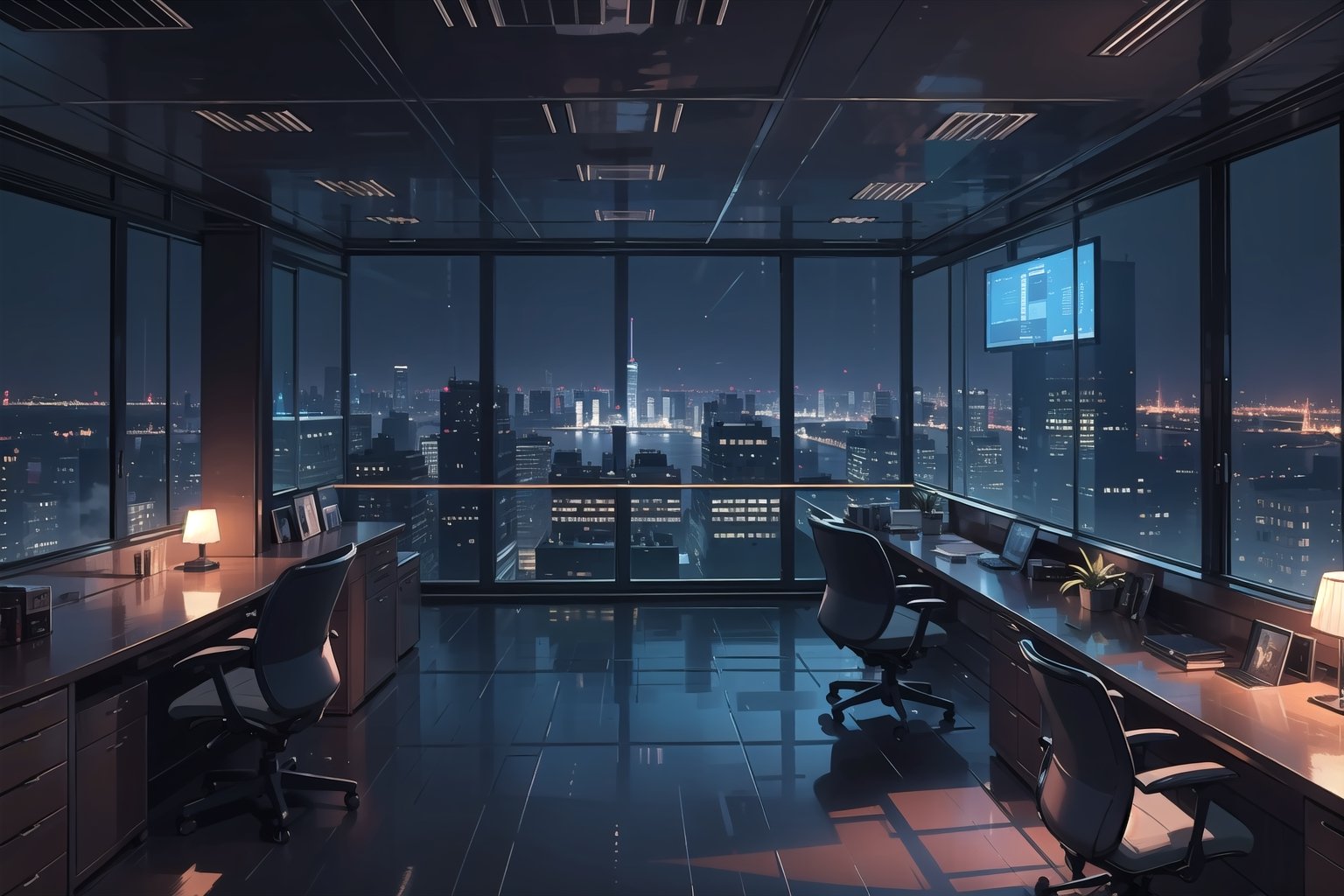 highly detailed, cozy low lights, night charming, night ambience,opulent large office, window glass wall, luxury chairman presidential room, megalopolis at night background, ultra detailed office, very chic, futuristic office, skyscraper night lights