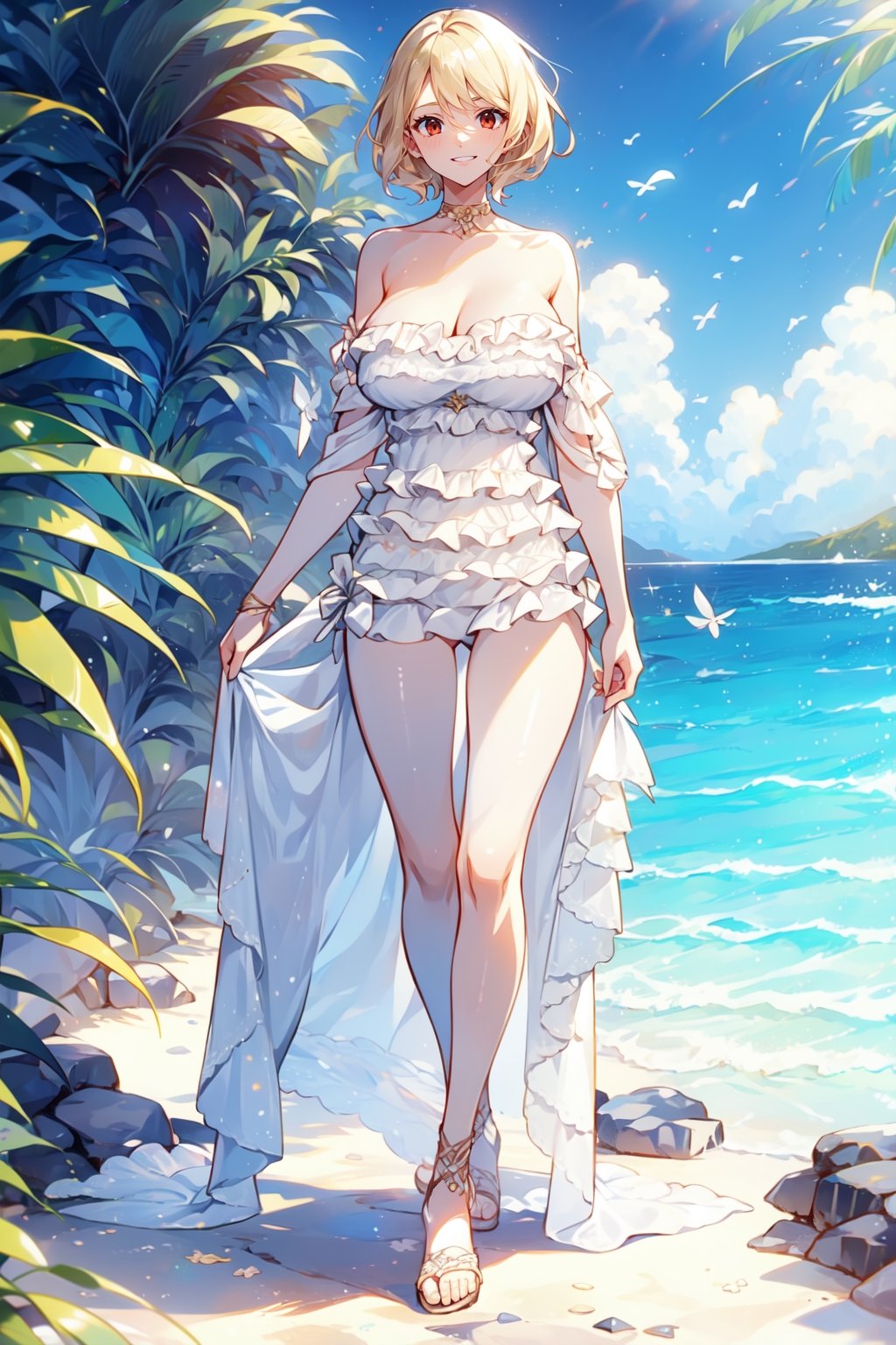 1 girl, blonde hair, short hair, red eyes, smile, fullbody, robe, white bath robe, large breasts, big breasts, very big breasts, natural big breasts, black lock of hair,rom_1,strapless white ruffled romper, (masterpiece), (best quality), skindentation, beach scenery