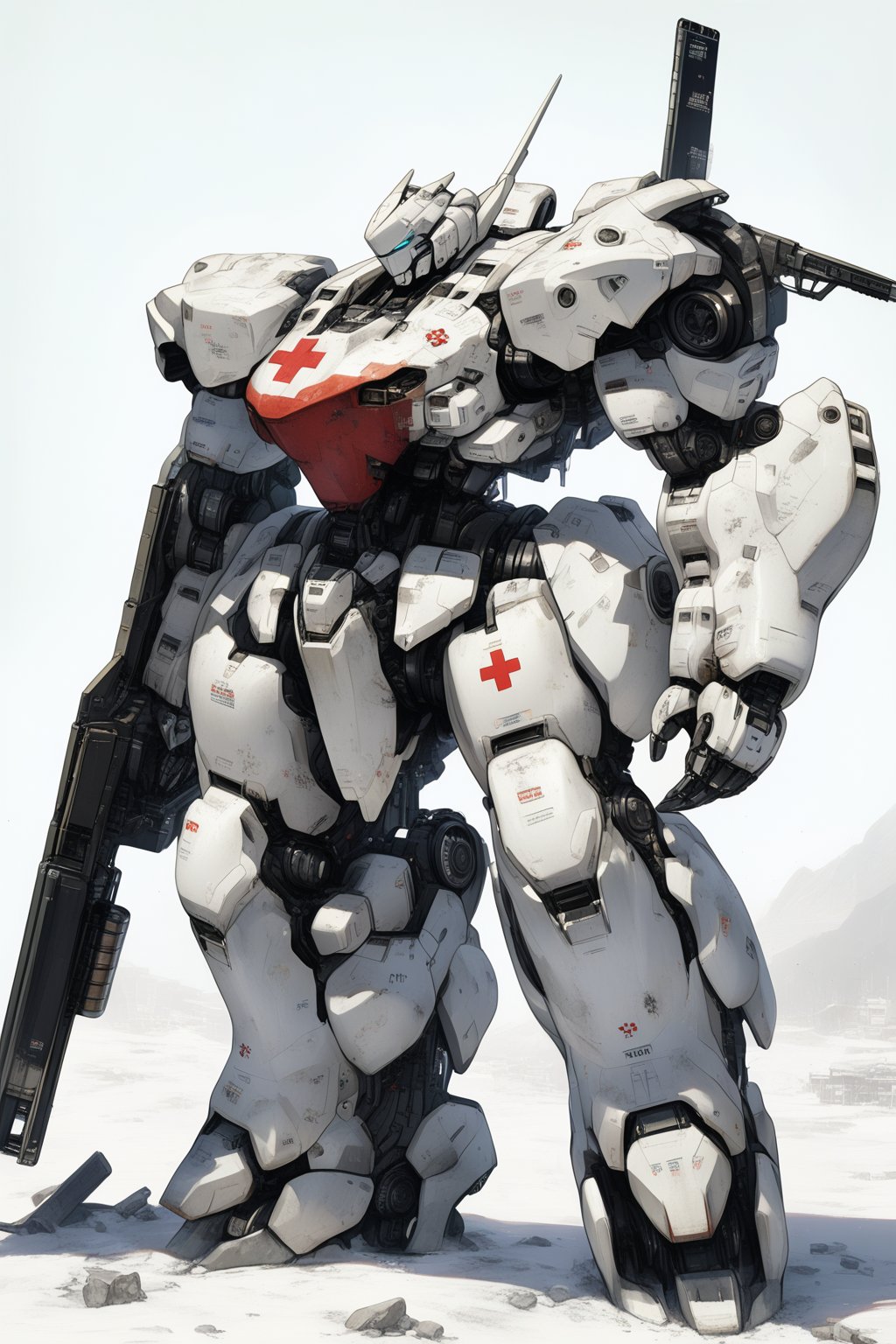 robot, rough, no humans, science fiction, simple background, solo, standing, full body, looking ahead, damaged, masterpiece, best quality,white mech, white paint, red cross, free hands,armored core