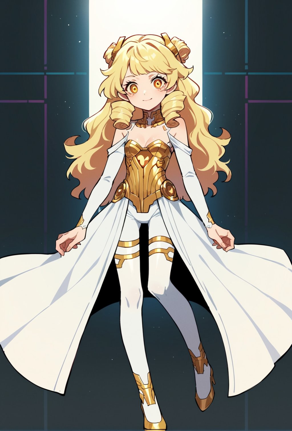 score_9, score_8_up, score_7_up, score_6_up, Takeda hiramitsu style,cyberpunk style,1girl,young female,young adult, very young,blonde hair, curly hair,regal, relaxed shoulders,white clothes, ethereal glow,solo, gold dress, white armored stockings, golden high heels, cleavage, indoor, open eyes, gold cybernetic eyes, long hair,small breasts, side boobs, gentle smile, standi