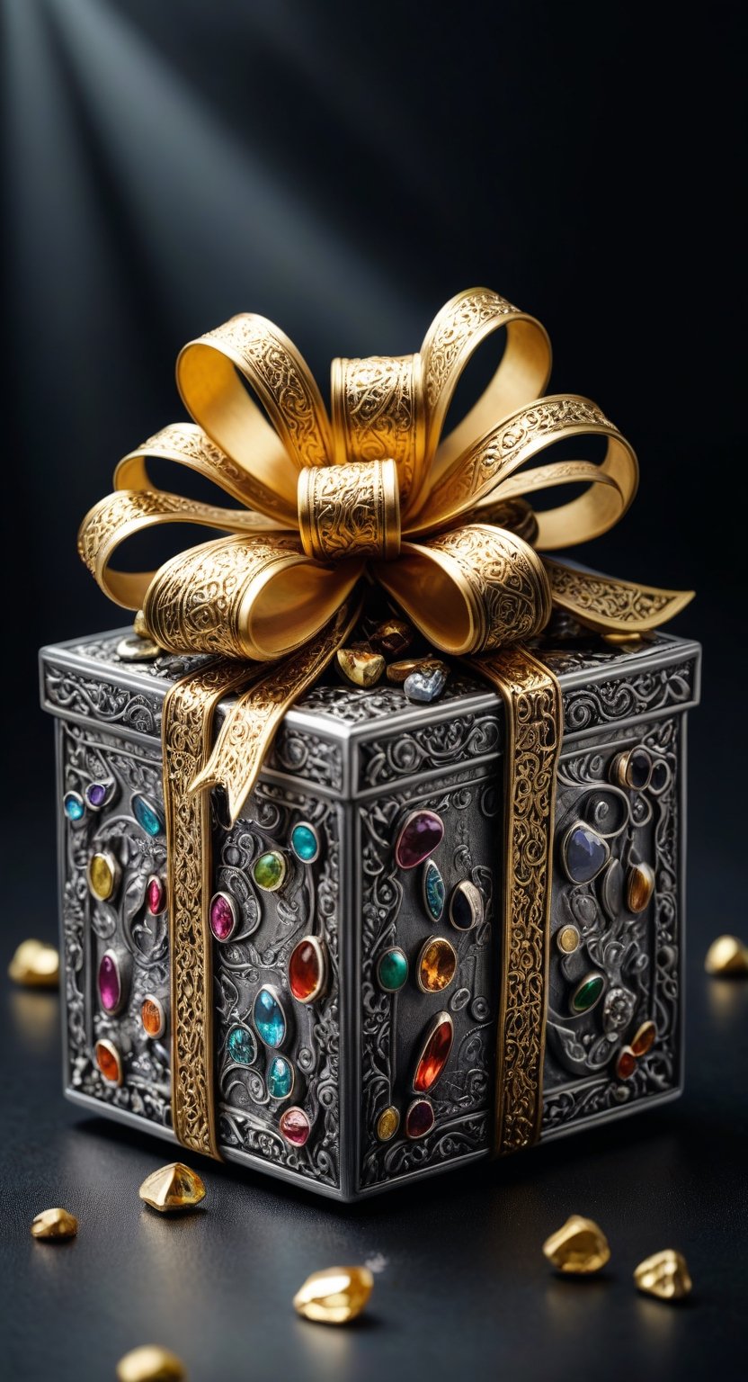 A photograph of a silver gift box, studded with precious stones, with a large golden bow, front, foreground, with ultra-realistic details. The composition mimics a cinematic film, The intricate details, sharp focus, realistic,SDXL,ModelBase,Style,MelissaB,photo r3al, 16k,Enhanced All,wetshirt,photo_b00ster,LinkGirl,DonMSn0wM4g1cXL, light,GARTERBELT,secret,lotus tattoo,3d cartoon style,real_booster,black background