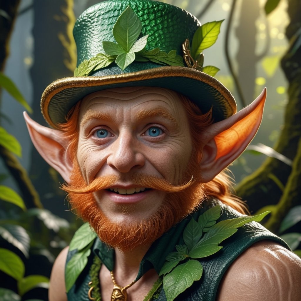 8k close-up portrait, Leprechaun, a fairy-like Creature, highly detailed dramatic lighting, jungle in the background, ultra-realistic,<lora:659095807385103906:1.0>