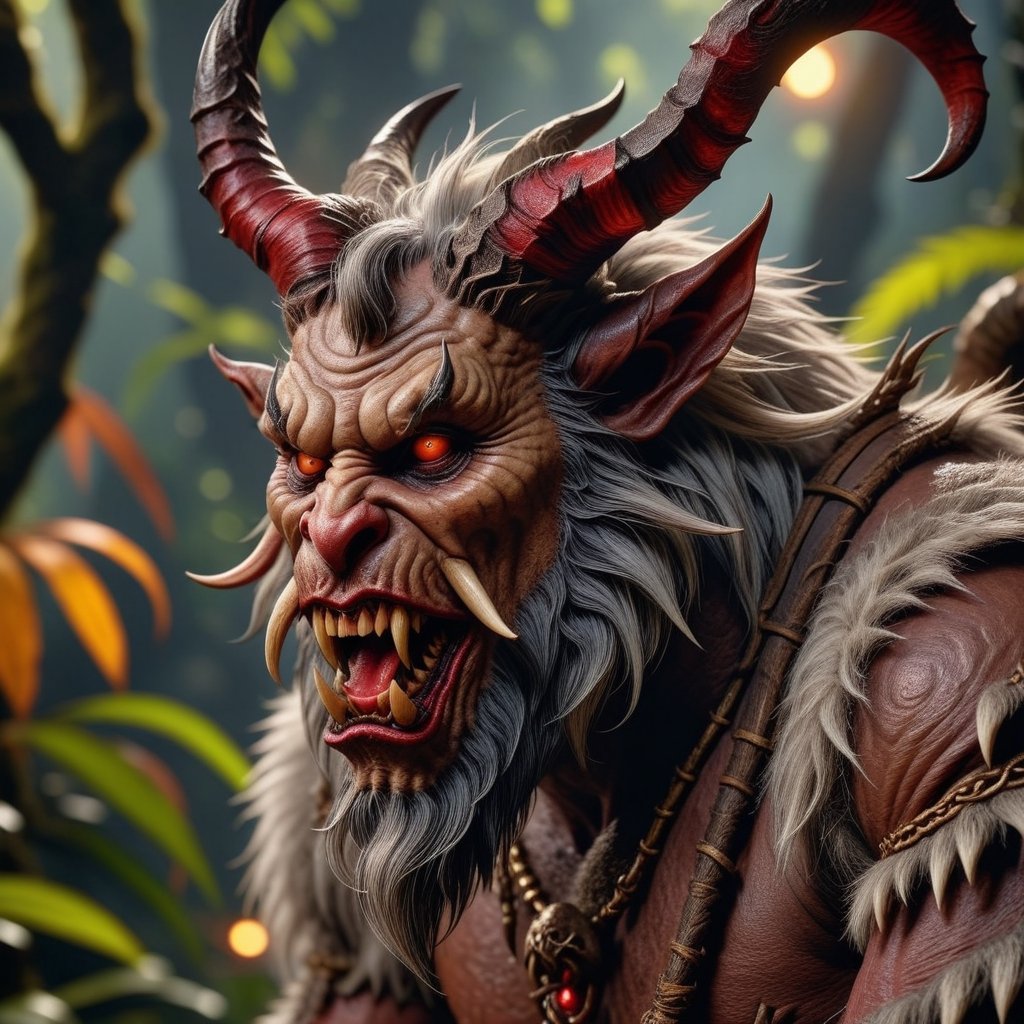 8k close-up portrait, Krampus, Half-goat, half-demon monster, highly detailed dramatic lighting, jungle in the background, ultra-realistic,<lora:659095807385103906:1.0>