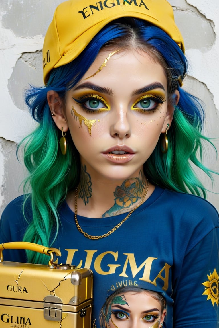 Yerlim12k ultra HD. a very beautiful and realistic girl, with green eyes, with tattoos, wearing a blue top with gold top with the text "ENIGMA" "GURU" with yellow cap, extravagant colored hair, with black and gold makeup case. Cracked white wall with golden cracked background, illustration, photo