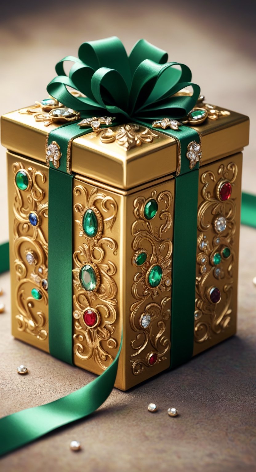 A photograph of a gold gift box studded with precious stones, with a large green bow, with ultra-realistic details. The composition mimics a cinematic film, The intricate details, sharp focus, realistic,SDXL,ModelBase,Style,MelissaB,photo r3al, 16k,Enhanced All,wetshirt,photo_b00ster,LinkGirl,DonMSn0wM4g1cXL, light,GARTERBELT,secret,lotus tattoo,3d cartoon style,real_booster