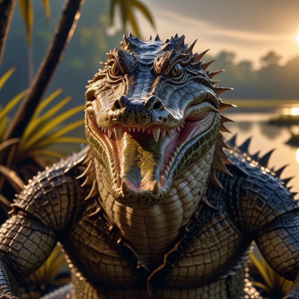 8k close-up portrait, El hombre Caiman, man with crocodile head, highly detailed dramatic lighting, swamp in the background, ultra-realistic,<lora:659095807385103906:1.0>