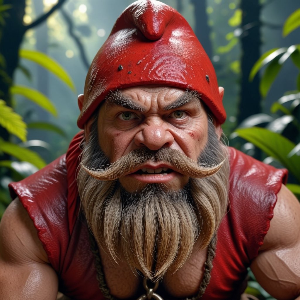 8k close-up portrait, Redcap, Malevolent Dwarf, highly detailed dramatic lighting, jungle in the background, ultra-realistic,<lora:659095807385103906:1.0>