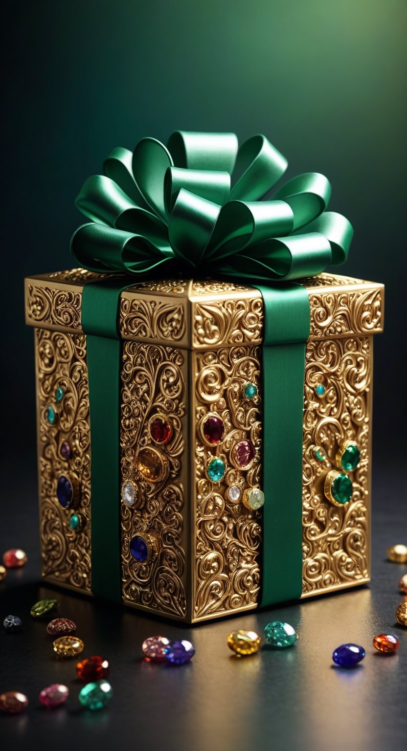 A photograph of a gold gift box, set with precious stones, lots of precious stones, with a large green bow, front, foreground, with ultra-realistic details. The composition mimics a cinematic film, The intricate details, sharp focus, realistic,SDXL,ModelBase,Style,MelissaB,photo r3al, 16k,Enhanced All,wetshirt,photo_b00ster,LinkGirl,DonMSn0wM4g1cXL, light,GARTERBELT,secret,lotus tattoo,3d cartoon style,real_booster,black background