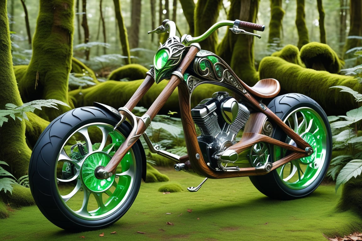 Imagine a chopper bike crafted by elves. The sleek, iridescent frame is adorned with vines and leaves, with handlebars of ancient wood featuring glowing runes. The moss-upholstered seat, vine-like wheels, and dragon scale exhaust pipes add to its mystical charm. Gleaming in green and silver with elven engravings and gemstones, this bike is a perfect blend of nature and machine.,shards,DonM3lv3sXL