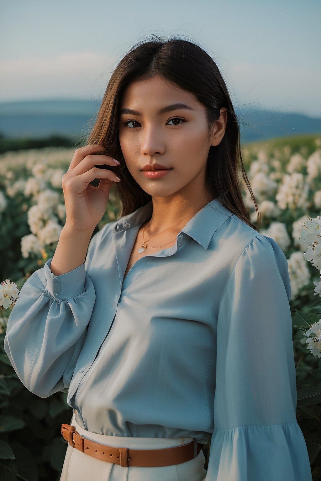 The digital camera used for this photo is a Nikon D850, capturing the girl's face with a mix of surprise and joy. She strikes a confident pose in a stylish outfit, standing under the soft afternoon light. The background showcases a beautiful landscape with blooming flowers and clear blue skies, enhancing the overall mood of the image. The weather is warm and pleasant, adding a touch of serenity to the scene.