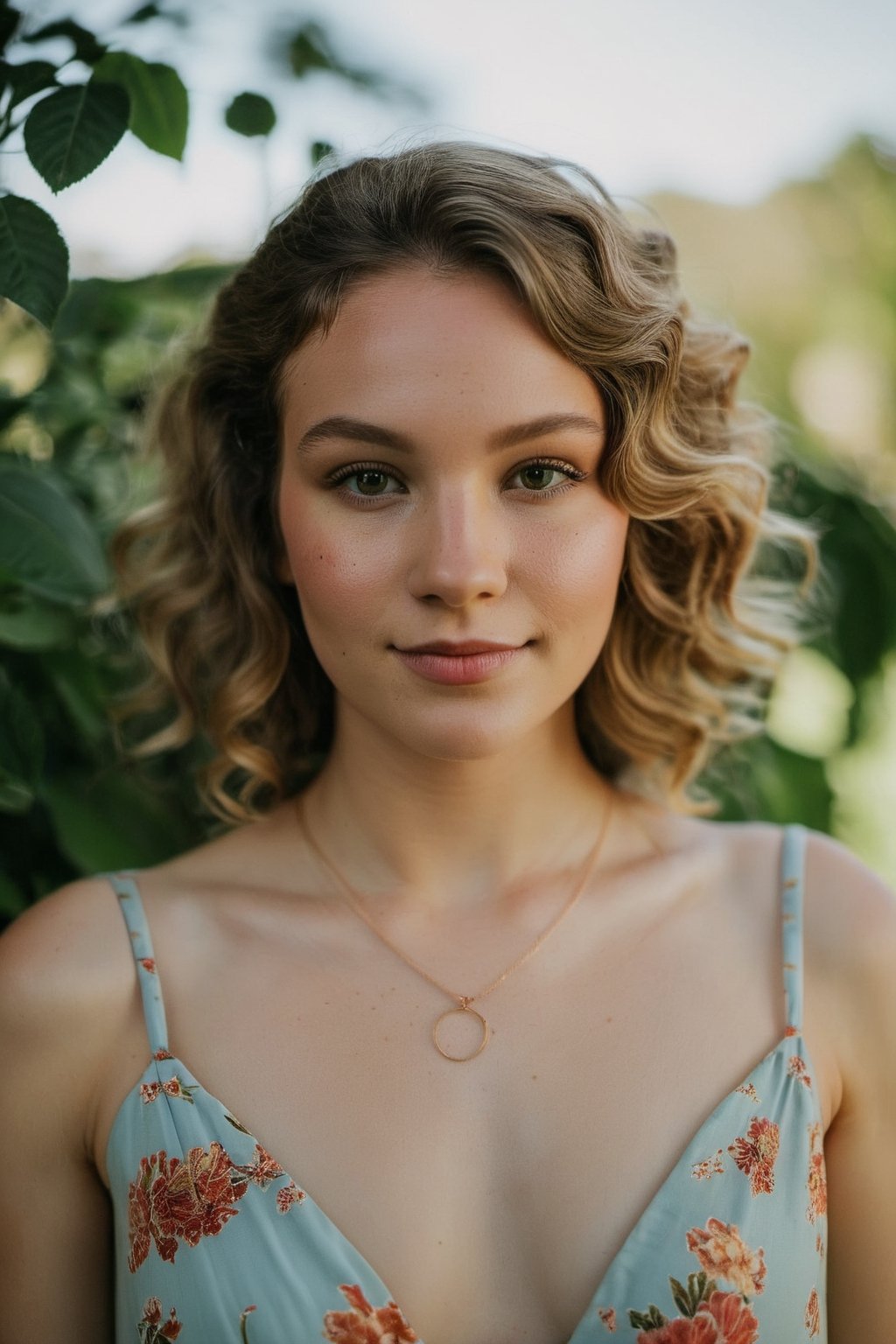 The digital camera used for this photo is a Canon EOS Rebel T7i, capturing the image from a high angle. The photo shows a young woman with a full bust, wearing a floral dress, smiling brightly with a hint of shyness. The lighting accentuates her features, casting a soft glow on her face. In the background, a lush garden with colorful flowers and a clear blue sky can be seen, enhancing the overall beauty of the scene. The weather is sunny and warm, adding a cheerful vibe to the image.