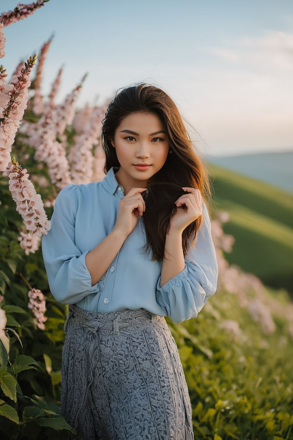 The digital camera used for this photo is a Nikon D850, capturing the girl's face with a mix of surprise and joy. She strikes a confident pose in a stylish outfit, standing under the soft afternoon light. The background showcases a beautiful landscape with blooming flowers and clear blue skies, enhancing the overall mood of the image. The weather is warm and pleasant, adding a touch of serenity to the scene.