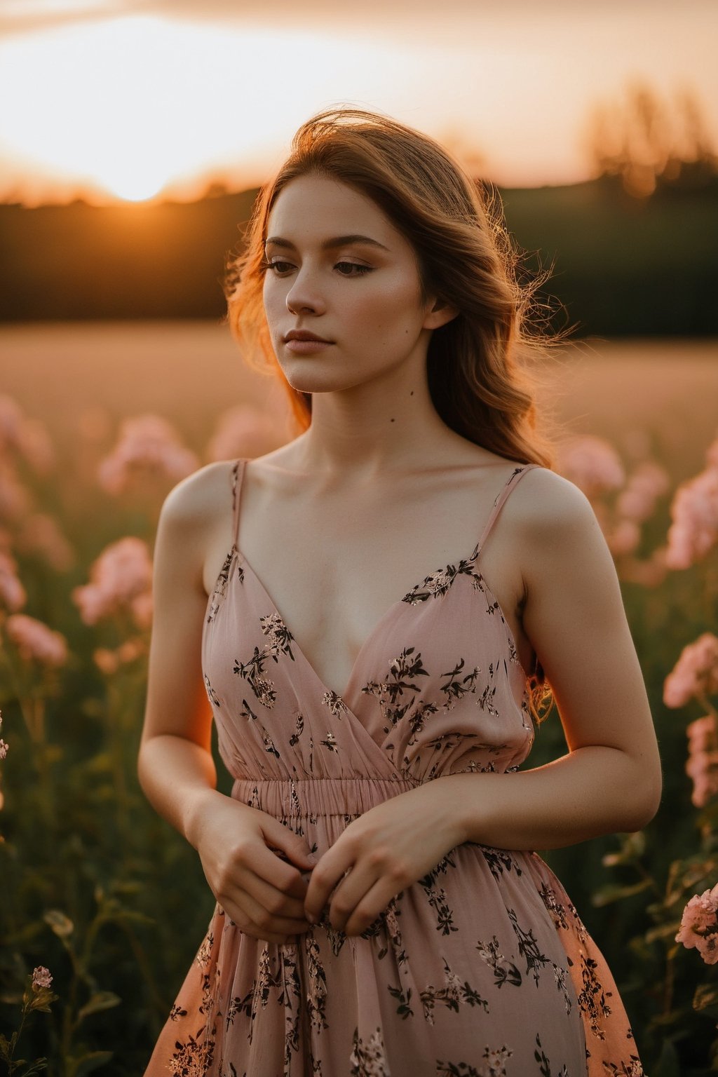 A young woman, dressed in a flowing floral dress, stands in a field at sunset. Her face is illuminated by the warm golden light, highlighting her serene expression. She gazes into the distance with a faint smile, her hair gently blowing in the wind. The digital camera used to capture this moment is a Canon EOS Rebel T7i, angled from a low perspective to capture the full beauty of the sunset behind her. The scene is peaceful, with a few trees in the background and the sky painted in shades of pink and orange.