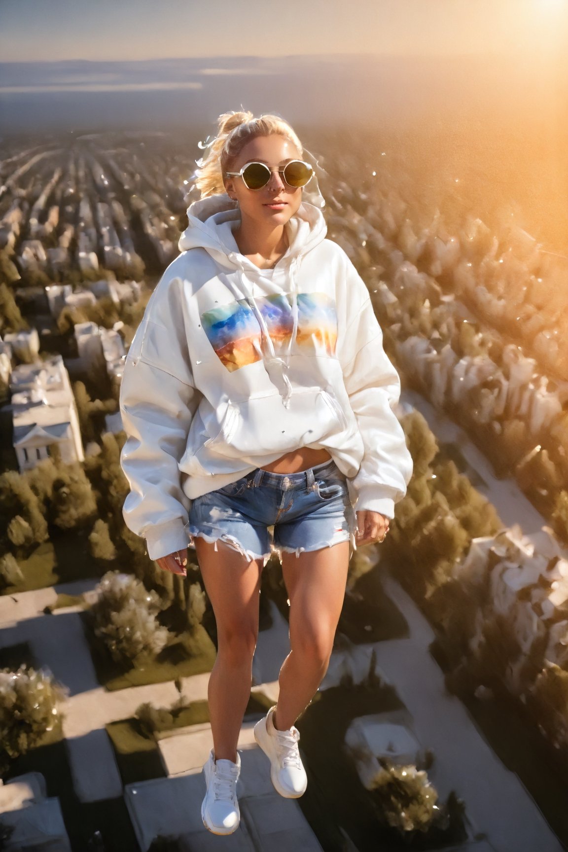 masterpiece, golden hour, tilt shift, shot with Leica m12, chromatic abberations, light leaks, HDR, 2.5D, hyper realistic, hard lighting, bloom effect, ray tracing, full body shot of a college girl in an oversized white hoodie and  jean booty shorts with Tortoise with Riesling sunglasses, white converse hightops is ((gracefully floating and levitating incredibly high above the city:1.6)) ((aerial view of city:1.3)), 32K,ray-tracing, (Realism), (Masterpiece), (Exquisite Detail), Subtle and Beautiful Detail,(Facial Detail), (Highest Quality), (Super-Resolution),(Highly Detailed Illustration),Best Quality,Depth of Field,Natural Shadows photorealistic, Detailedface,madgod,stop motion,Flying,Flight,Floating