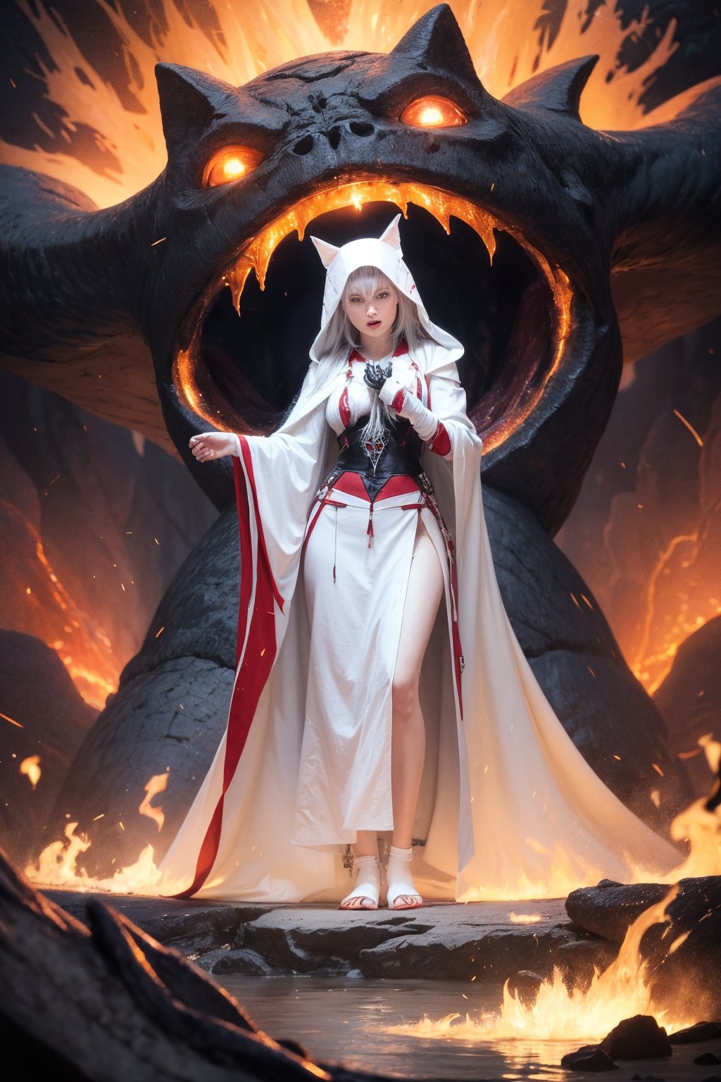 hyper realistic white haired girl with a white robed outfit with bits of red interior cloth, white hood, with a billowing white and red robe, standing in a pool of lava, laughing lava stone monster behind, lava cave  || refine textures for realism | #EtherealFinish #MysticalAmbiance #TextureRefinement" highly realistic, realistic portrait, anatomically correct, realistic photograph, real colors, award winning photo, detailed face, realistic eyes, beautiful, sharp focus, high resolution, volumetric lighting, incredibly detailed, masterpiece, breathtaking, exquisite, great attention to skin and eyes, Detailedface