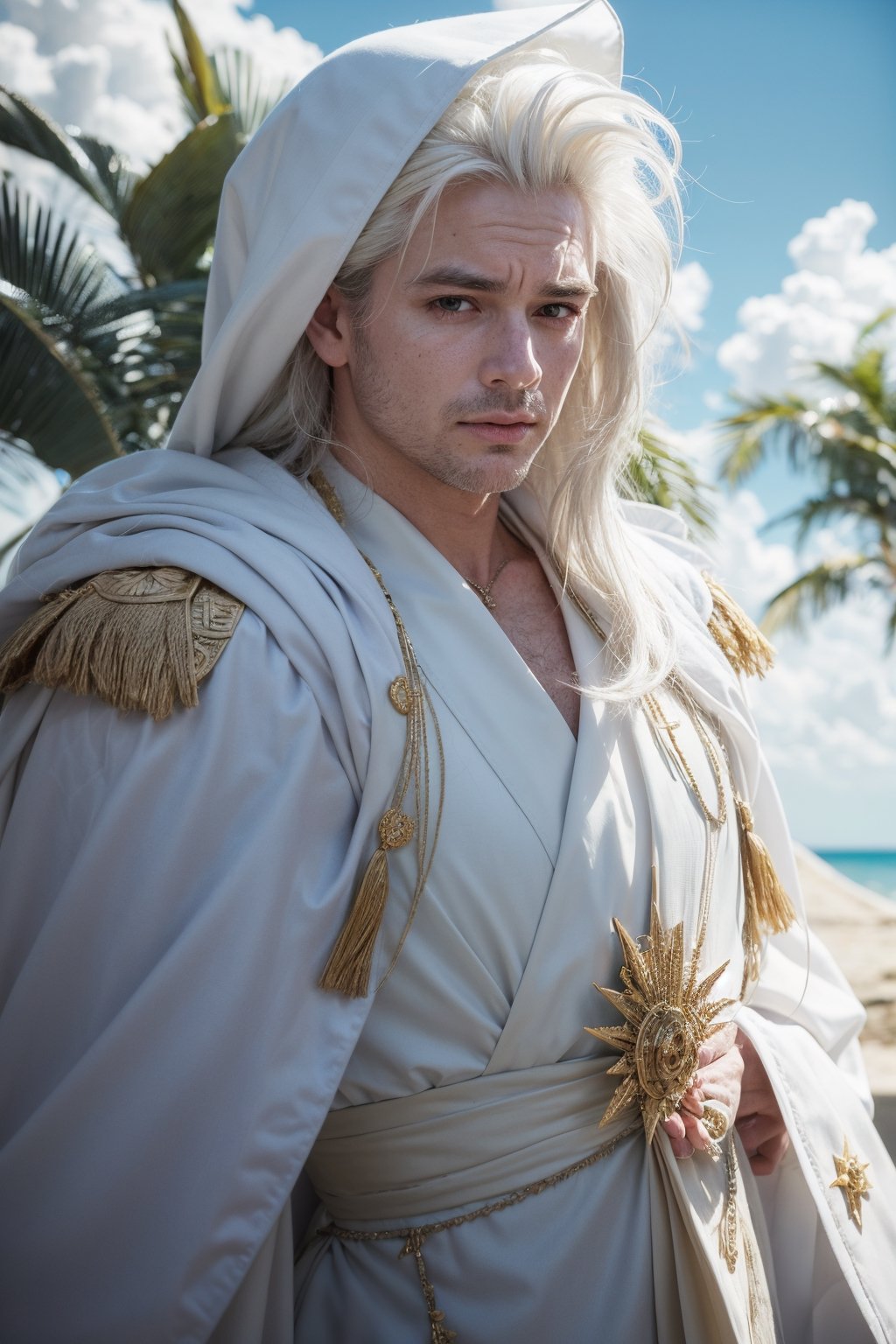 hyper realistic 1man white hair, white and gold robe, palms trees tropical background  || refine textures for realism | #EtherealFinish #MysticalAmbiance #TextureRefinement" highly realistic, realistic portrait, anatomically correct, realistic photograph, real colors, award winning photo, detailed face, realistic eyes, beautiful, sharp focus, high resolution, volumetric lighting, incredibly detailed, masterpiece, breathtaking, exquisite, great attention to skin and eyes, Detailedface
