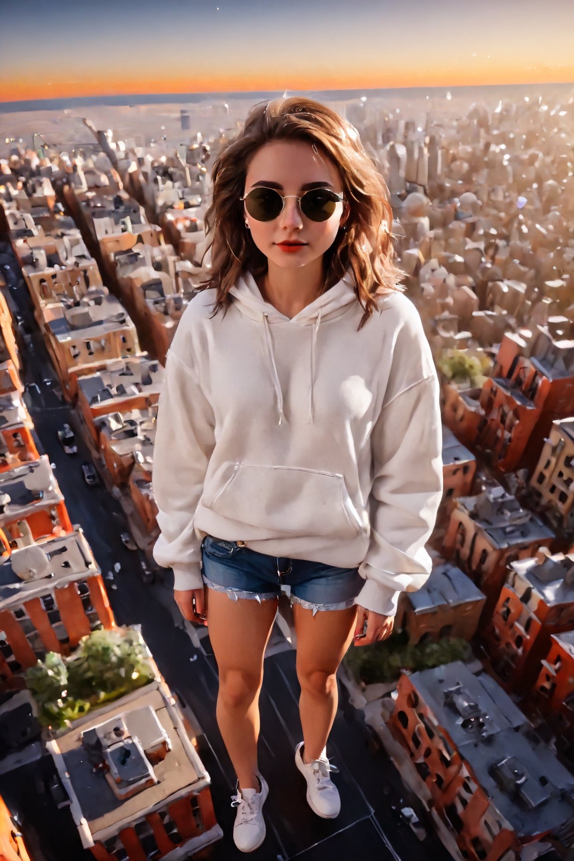 high above the city, masterpiece, golden hour, tilt shift, shot with Leica m12, chromatic abberations, light leaks, HDR, 2.5D, hyper realistic, hard lighting, bloom effect, ray tracing, full body shot of a college girl in an oversized white hoodie and  jean booty shorts with Tortoise with Riesling sunglasses, white converse hightops is ((gracefully floating and incredibly high above the city:1.6)) ((high aerial view of city:1.3)), 32K,ray-tracing, (Realism), (Masterpiece), (Exquisite Detail), Subtle and Beautiful Detail,(Facial Detail), (Highest Quality), (Super-Resolution),(Highly Detailed Illustration),Best Quality,Depth of Field,Natural Shadows photorealistic, Detailedface,madgod,stop motion,Flying,Flight,Floating,dashataran,action shot,Balloons