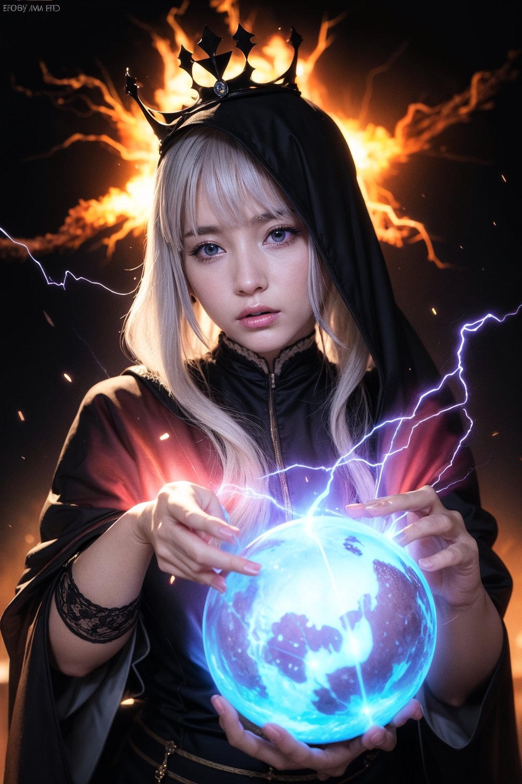 hyper realistic amazingly beautiful white haired girl in a black robe holding a blue energy orb with purple electricity arcing off of it wearing a black crown fire explosion behind  || refine textures for realism | #EtherealFinish #MysticalAmbiance #TextureRefinement" highly realistic, realistic portrait, anatomically correct, realistic photograph, real colors, award winning photo, detailed face, realistic eyes, beautiful, sharp focus, high resolution, volumetric lighting, incredibly detailed, masterpiece, breathtaking, exquisite, great attention to skin and eyes, Detailedface