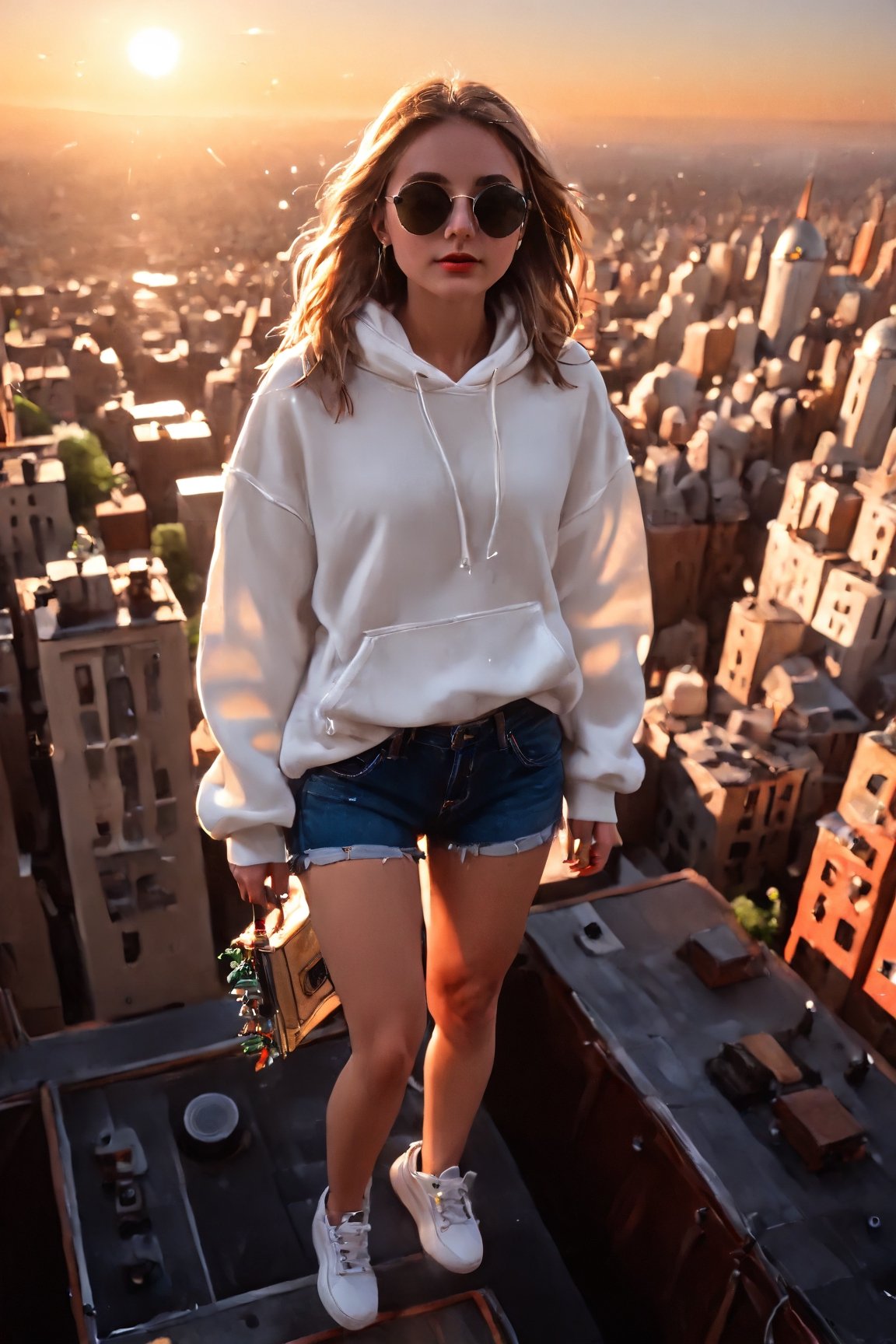 high above the city, masterpiece, golden hour, tilt shift, shot with Leica m12, chromatic abberations, light leaks, HDR, 2.5D, hyper realistic, hard lighting, bloom effect, ray tracing, full body shot of a college girl in an oversized white hoodie and  jean booty shorts with Tortoise with Riesling sunglasses, white converse hightops is ((gracefully floating and incredibly high above the city:1.6)) ((high aerial view of city:1.3)), 32K,ray-tracing, (Realism), (Masterpiece), (Exquisite Detail), Subtle and Beautiful Detail,(Facial Detail), (Highest Quality), (Super-Resolution),(Highly Detailed Illustration),Best Quality,Depth of Field,Natural Shadows photorealistic, Detailedface,madgod,stop motion,Flying,Flight,Floating,dashataran,action shot,Balloons