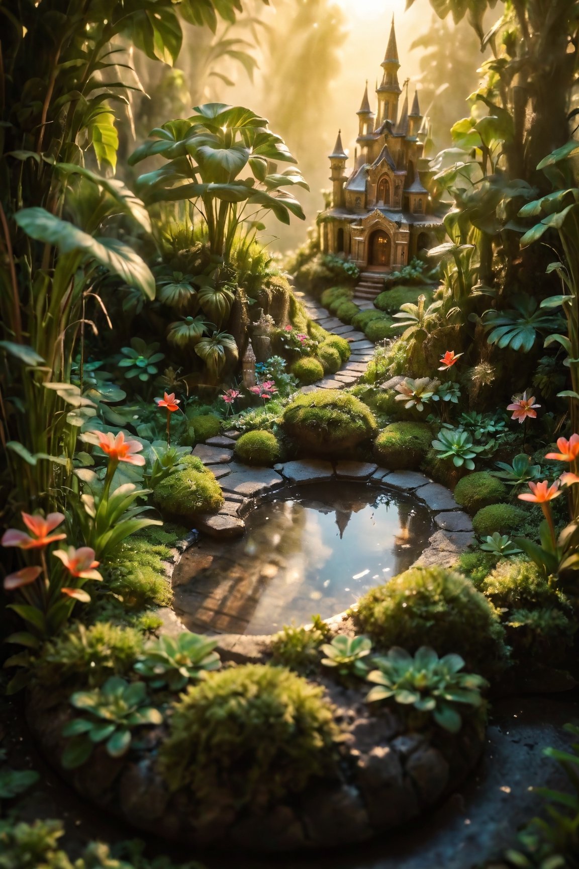 sitting in a cloud, masterpiece, golden hour, tilt shift, shot with Leica m12, chromatic abberations, light leaks, HDR, 2.5D, hyper realistic, hard lighting, bloom effect, ray tracing, A whimsical and enchanting scene of a miniature garden, but with a unique twist. The garden is nestled within the palm of a giant's hand, creating an illusion of a "maxiature" - a miniature version of something massive. The giant's hand is meticulously sculpted and painted to resemble a lush, verdant landscape, complete with rolling hills, towering trees, and winding rivers. Tiny flowers, leaves, and insects adorn every inch of the miniature garden, adding a delicate touch to the overall composition. In the distance, a serene castle sits atop a hill, its turrets and spires reflecting in the still waters of a lake below. Even the clouds in the sky are miniaturized, casting soft shadows over the landscape. The contrast between the massive, weathered hand and the intricate, meticulous details of the miniature garden creates a sense of wonder and scale, inviting viewers to step into this magical world where the boundaries between big and small are blurred.32K,ray-tracing, (Realism), (Masterpiece), (Exquisite Detail), Subtle and Beautiful Detail,(Facial Detail), (Highest Quality), (Super-Resolution),(Highly Detailed Illustration),Best Quality,Depth of Field,Natural Shadows photorealistic, Detailedface,madgod,stop motion,Flying,Flight,Floating,dashataran,action shot