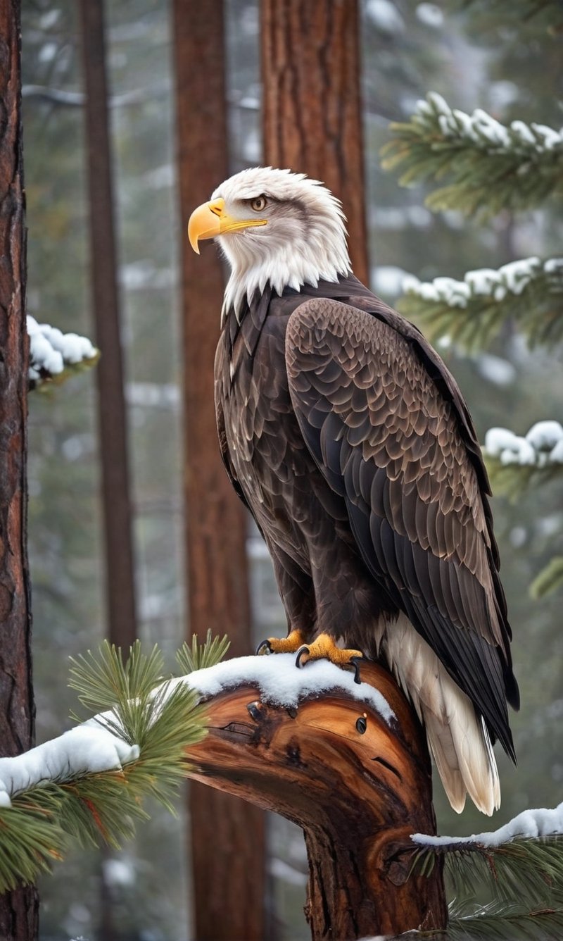 A bald eagle, full body image, serious expression, High Detailed RAW color Photo, a masterpiece, sitting on a pine tree, winter day, heavy snow, sun shining through the trees, photography, photorealism, medium shot, warm, natural lighting to highlight the subject’s features, Ultra HD, hdr, 16k, DSLR,y0sem1te