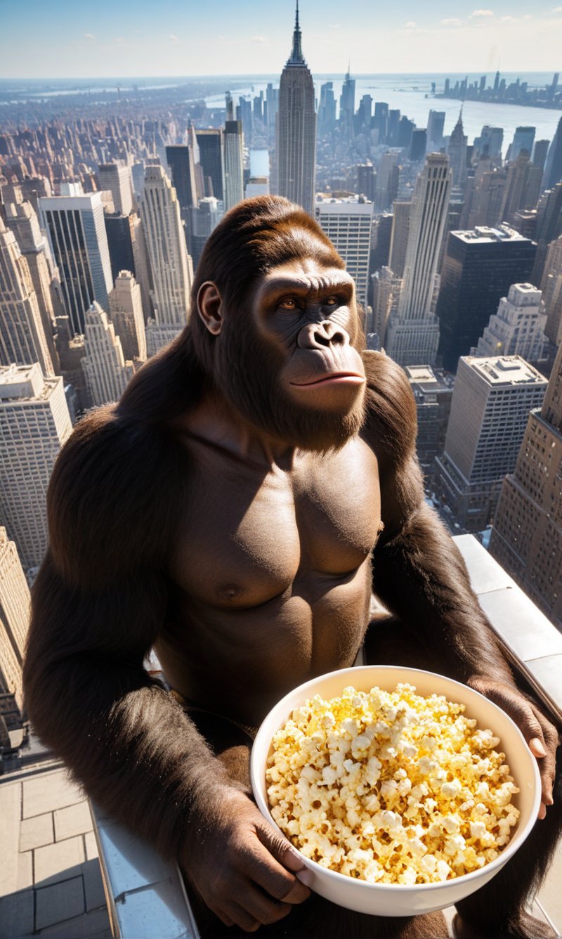 A majestic shot of King Kong atop the iconic Empire State Building, with the vibrant New York City skyline gleaming beneath a brilliant, cloudless summer sky. The giant ape sits regally as if on a throne, cradling a gigantic bowl of fluffy popcorn on his lap and a colossal beer bottle beside him. His massive hands grasp the building's edge, steadying himself against the gentle breeze. In the distance, a formation of vintage World War I biplanes soars towards him, their fabric-covered wings glistening in the warm sunlight that casts long shadows across the rooftops.