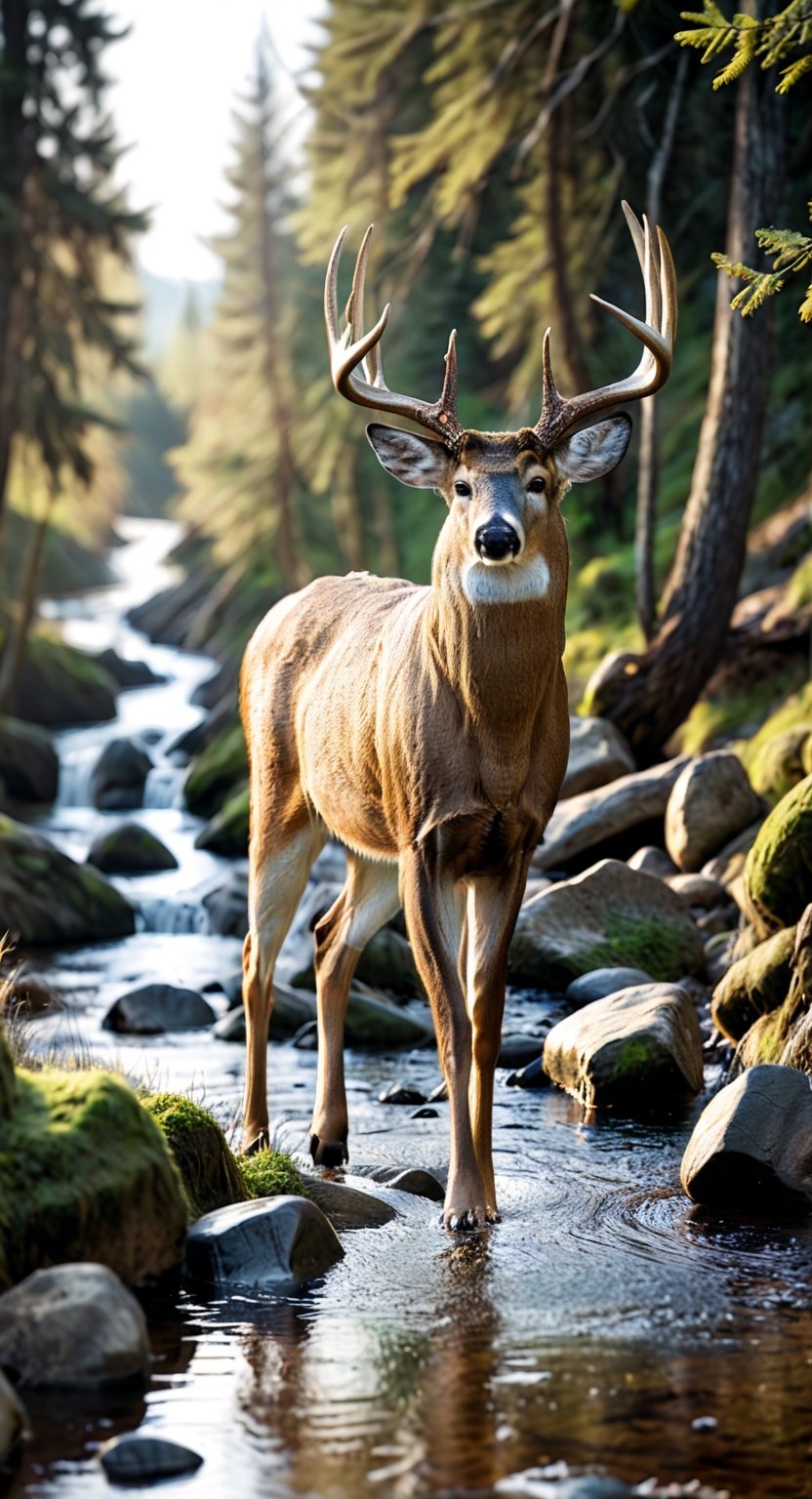 Generate hyper realistic, 8k, full body image of a male deer walking along a mountain stream, trees, forest, summer, sunlight streaming through the trees,N.A.WhitetailDeer