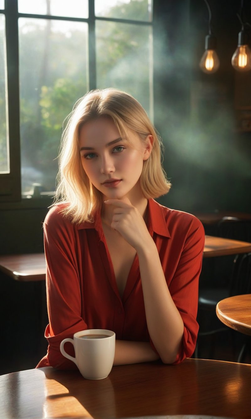 A moody sunrise casts a warm glow on the cafe table, where a lone blonde-haired girl sits confidently in a black pair of pants and a bold red shirt. Her straight hair falls effortlessly to her shoulders, framing her striking green eyes that lock onto the viewer's gaze with an air of determination. The atmosphere is intimate, with only a steaming cup of coffee on the table to hint at a quiet morning routine. In this dramatic lighting, she embodies a strong, vintage-inspired 1990s concept art style, radiating a sense of independence and self-assurance.,perfect finger