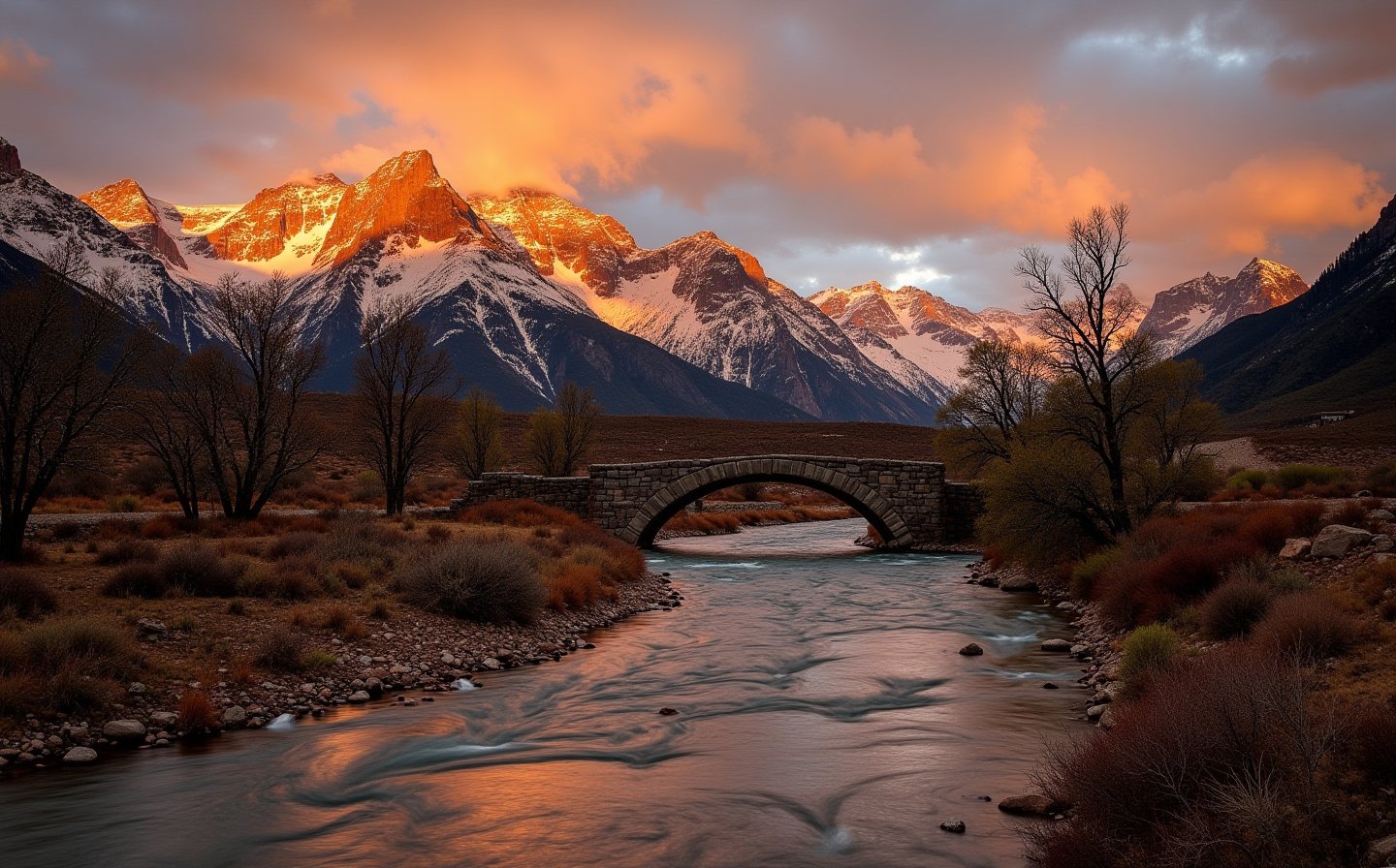 A serene high-resolution photograph captures the majestic mountain range at sunset, as warm golden light bathes the jagged peaks dusted with snow, framed by a dramatic gray-orange cloud-filled sky. The winding river's rippling surface reflects the setting sun, surrounded by smooth rocks, sparse leafless trees, and rocky terrain. Earthy brown and green vegetation patches contrast with the dry climate's rugged landscape.  A stone arch bridge spans the river.