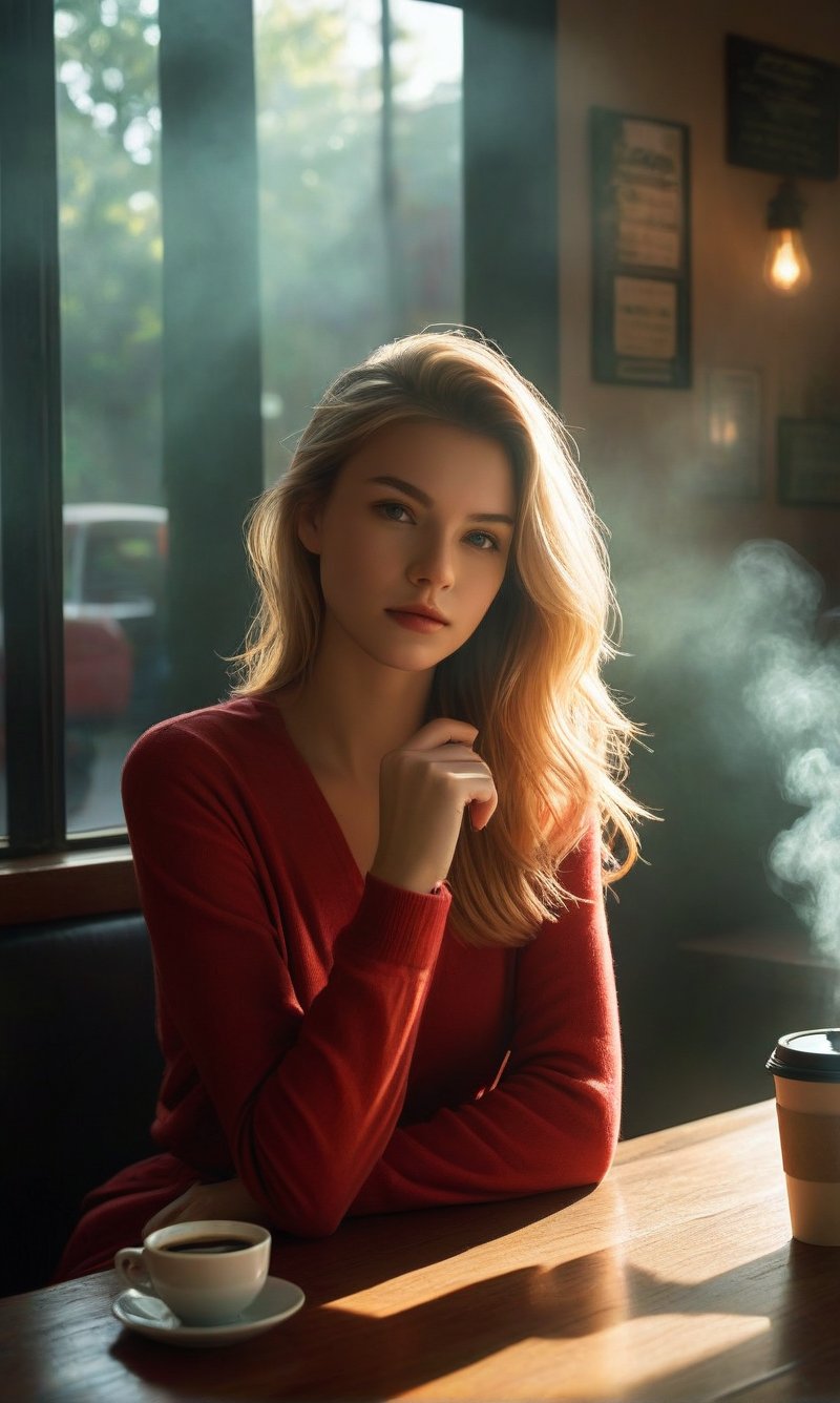 A moody sunrise casts a warm glow on the cafe table, where a lone blonde-haired girl sits confidently in a black pair of pants and a bold red shirt. Her straight hair falls effortlessly to her shoulders, framing her striking green eyes that lock onto the viewer's gaze with an air of determination. The atmosphere is intimate, with only a steaming cup of coffee on the table to hint at a quiet morning routine. In this dramatic lighting, she embodies a strong, vintage-inspired 1990s concept art style, radiating a sense of independence and self-assurance.,perfect finger
