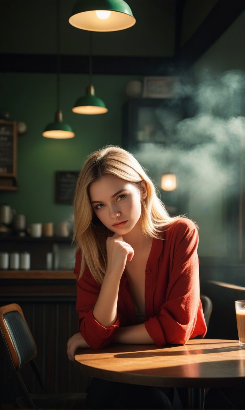 A moody sunrise casts a warm glow on the cafe table, where a lone blonde-haired girl sits confidently in a black pair of pants and a bold red shirt. Her straight hair falls effortlessly to her shoulders, framing her striking green eyes that lock onto the viewer's gaze with an air of determination. The atmosphere is intimate, with only a steaming cup of coffee on the table to hint at a quiet morning routine. In this dramatic lighting, she embodies a strong, vintage-inspired 1990s concept art style, radiating a sense of independence and self-assurance.,perfect finger