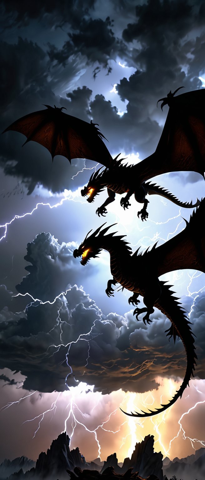 Generate a high resolution, hyper realistic, hdr, 16k, 35mm, image of a silhouette of a flying dragon at night with lightning flashing through the sky behind it in the background. 