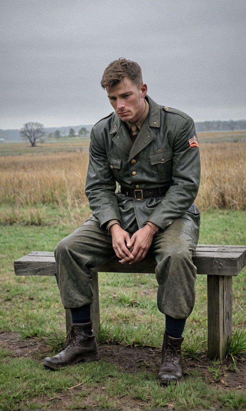 A solitary soldier sits alone on a weathered wooden bench, framed by overcast skies and a gray landscape, his eyes fixed on the distance with a 1000-yard stare. His shoulders slump, hands limp between knees, weighed down by heavy thoughts. The only sounds are distant dog barks and leaves rustling in the gentle breeze, as if nature mourns with him.