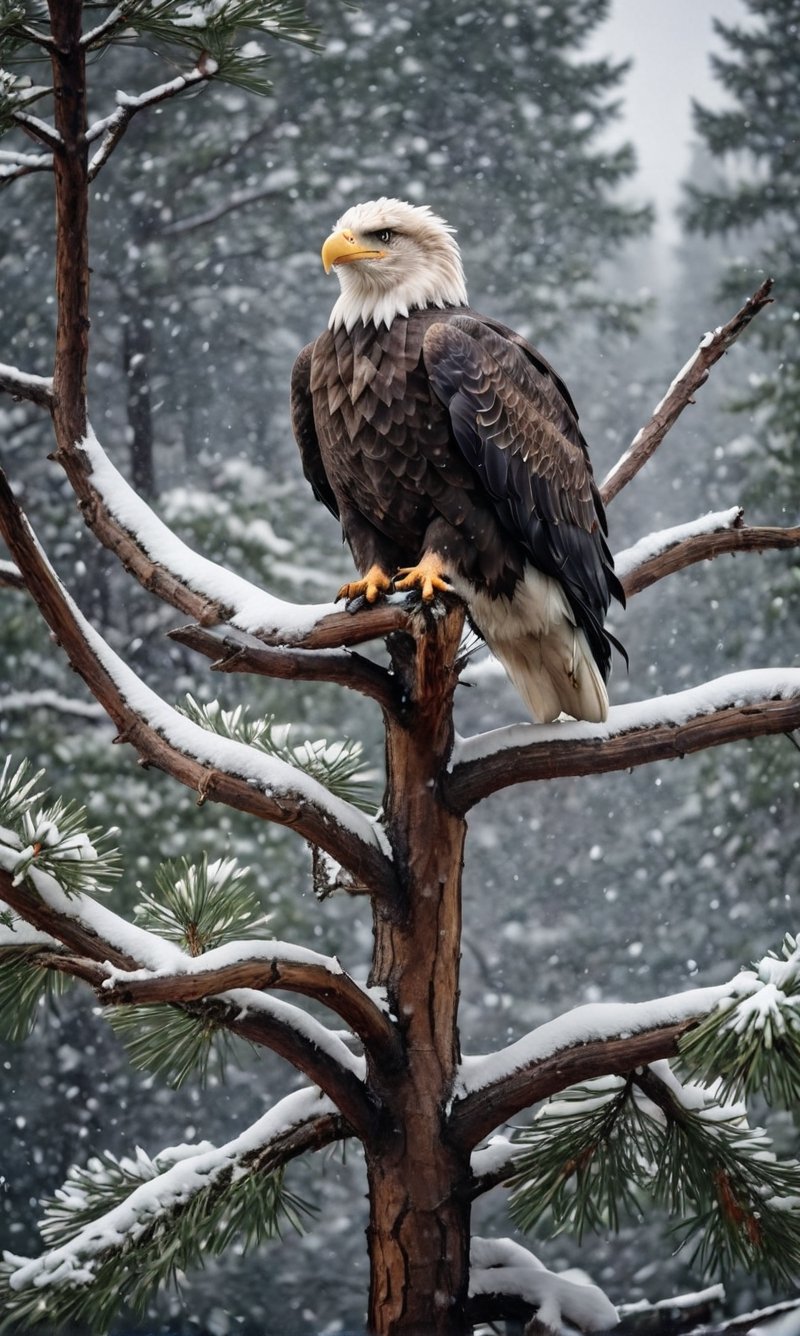 A bald eagle, full body image, serious expression, High Detailed RAW color Photo, a masterpiece, sitting on a pine tree, winter day, heavy snow, snow falling through the trees, cloudy, overcast, photography, photorealism, medium shot, gray day, subdued lighting to highlight the subject’s features, Ultra HD, hdr, 16k, DSLR,y0sem1te,WINTER