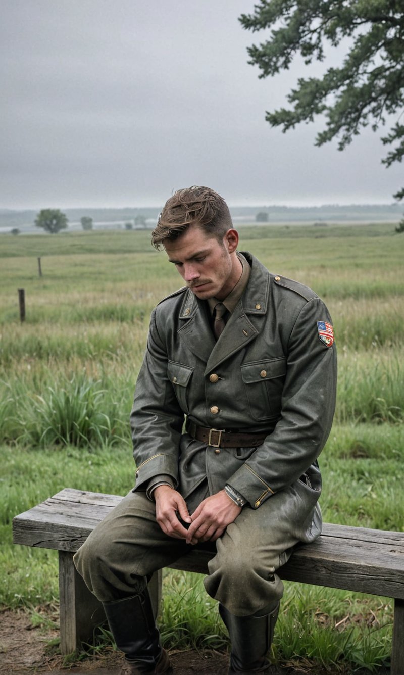 A solitary soldier sits alone on a weathered wooden bench, framed by overcast skies and a gray landscape, his eyes fixed on the distance with a 1000-yard stare. His shoulders slump, hands limp between knees, weighed down by heavy thoughts. The only sounds are distant dog barks and leaves rustling in the gentle breeze, as if nature mourns with him.