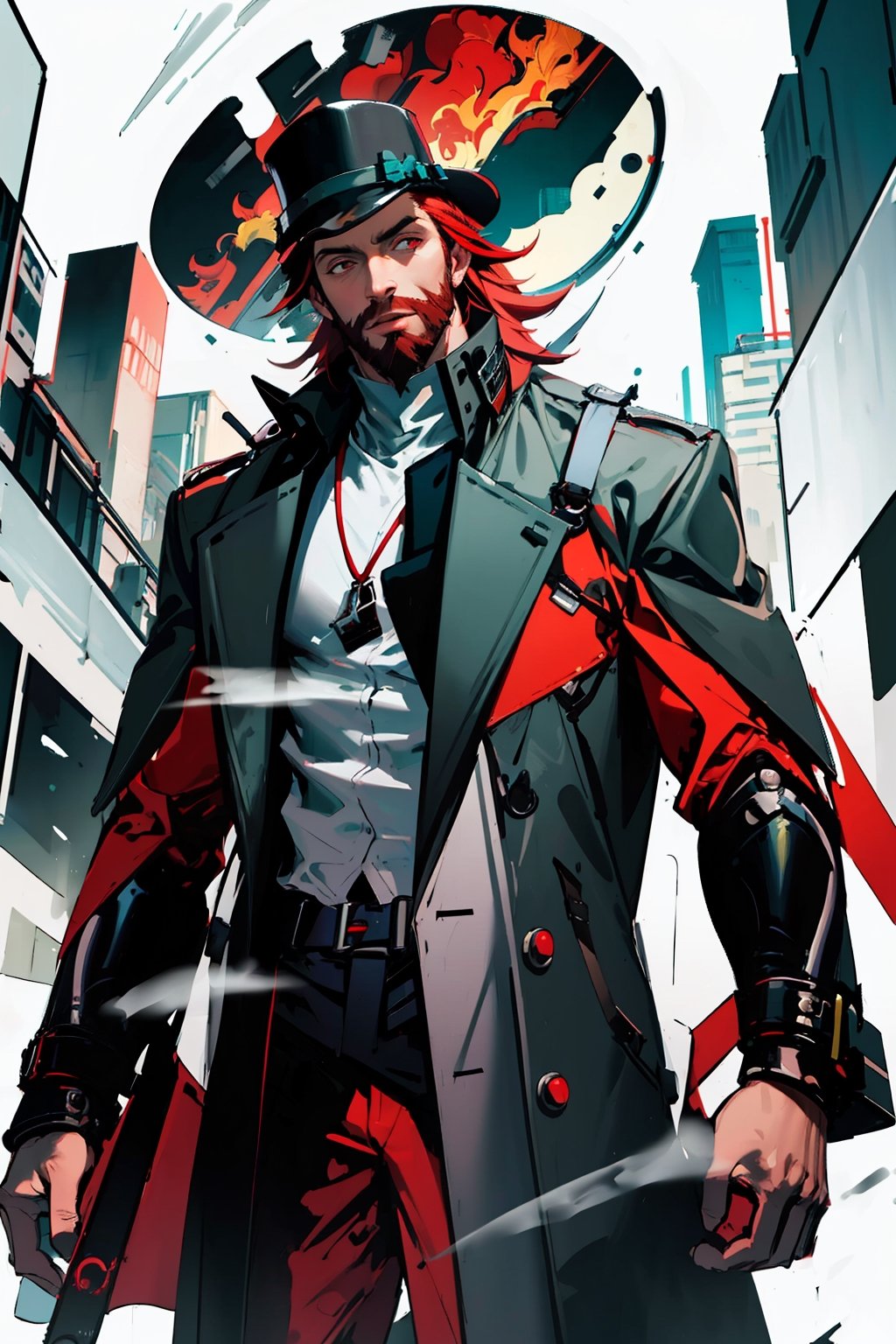 masterpiece,, (masterpiece, best quality:1.5), Handsome man wearing slick collared red trench coat , red full beard ,  turtle neck , neck-length red hair, wearing a red fedora , futuristic skyscrapers in the background ,] buildings , red glowing eye, [(white background:1.15)] ,weapon,midjourney, green flames, solo , mid,