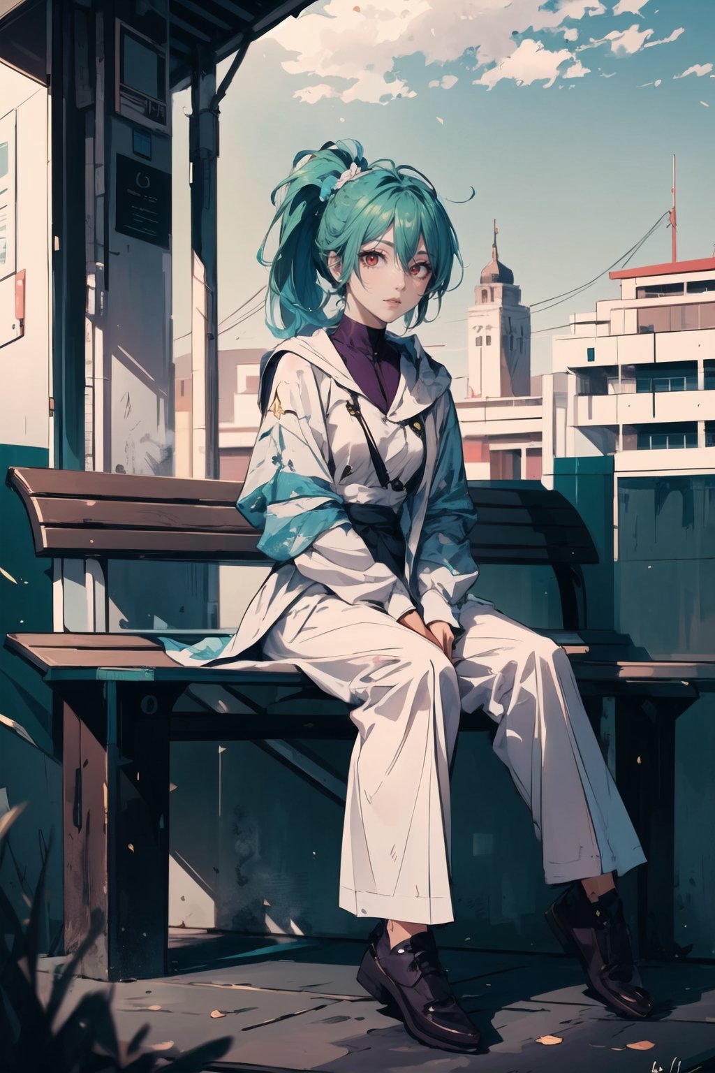 masterpiece, ultra detailed, high quality, 1girl, (blush, red face, parted lips), detailed lips, sitting in bench, (solo), wide shot, scenery, full body, Kuki Shinobu, green hair, hair between eyes, ponytail, short hair, (purple eyes:1.1), hair ornament, kukishinoburnd