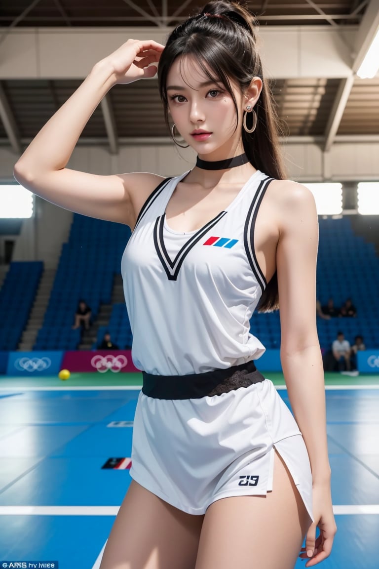 Here's a high-quality coherent prompt for the requested digital art:

Blake, a boyish girl with shiny black hair and short pointed ears resembling a succubus demon, stands in a dynamic judo fighting pose within a French Olympics 2024 judo hall. She wears a judo player outfit, complete with cross lace choker, necklace, and earrings. Her skin is detailed and realistic, with very beautiful features and piercing eyes. Surrounded by light particles, Blake's image exudes an attractive and lively aura, as if frozen in the midst of a thrilling match.